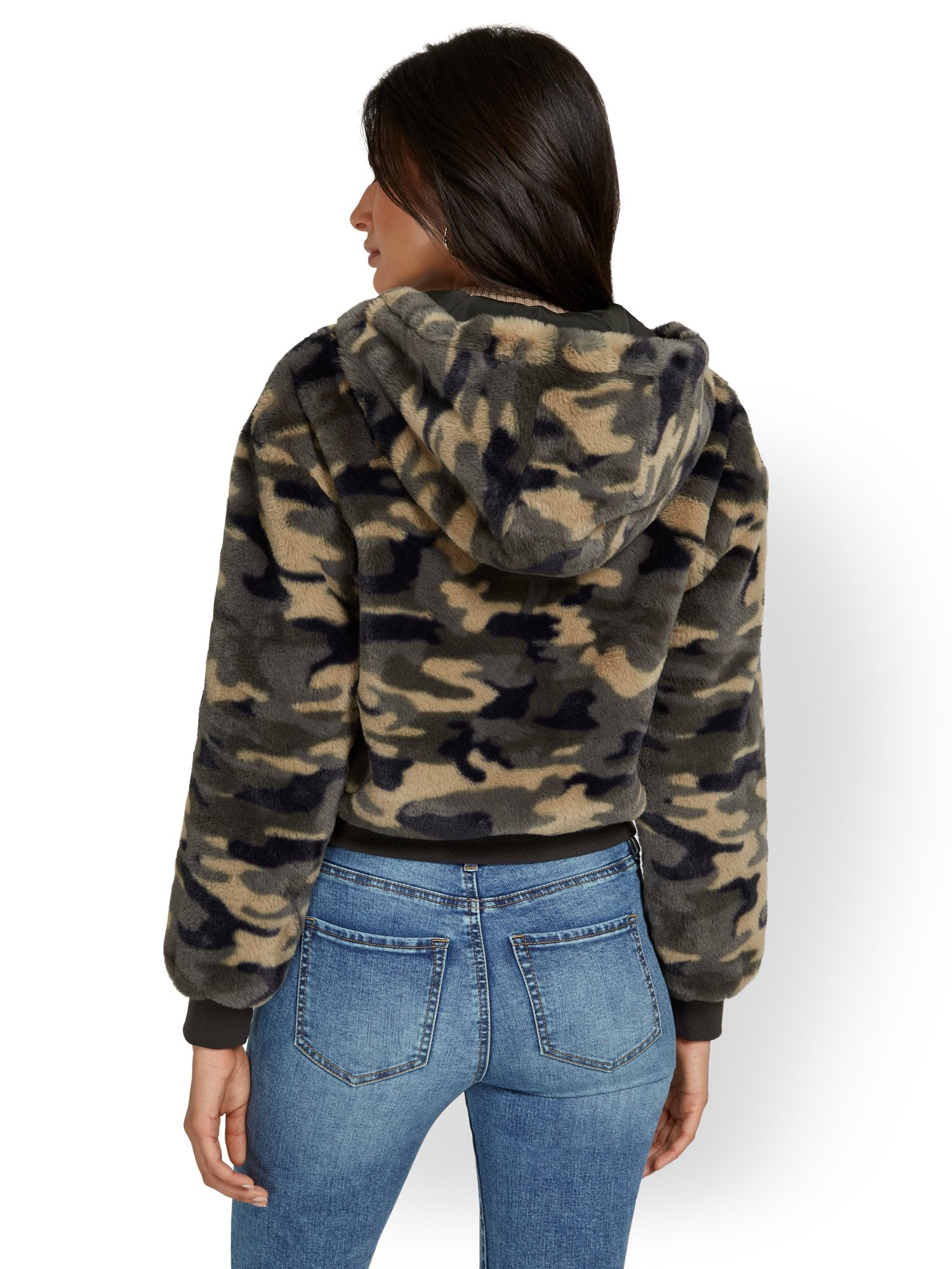 Camo-Print Reversible Hooded Faux-Fur Jacket – New York & Company
