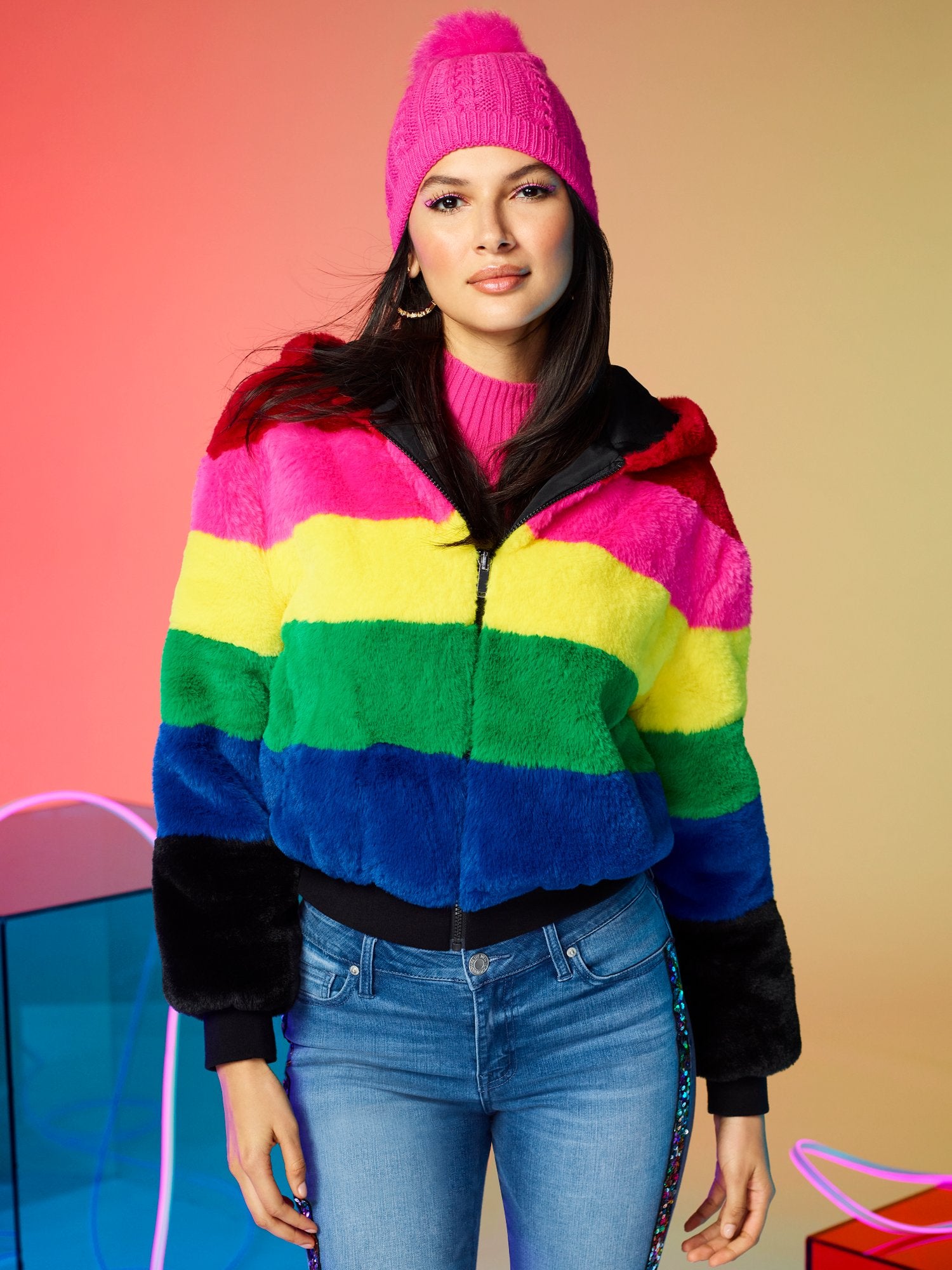 Rainbow Reversible Hooded Faux-Fur Jacket – New York & Company