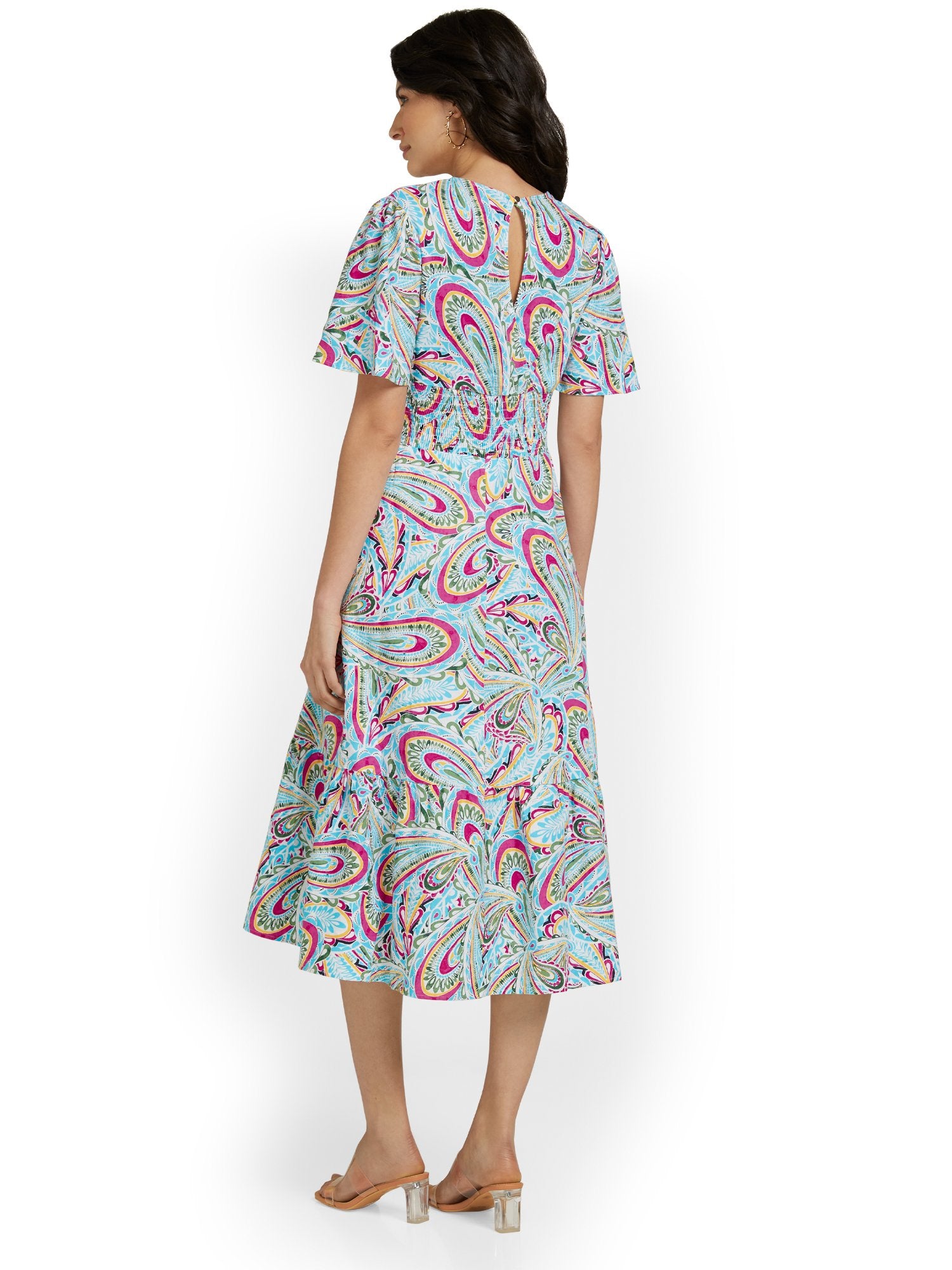 Linen-Blend Paisley Midi Dress - SMALL / GREEN