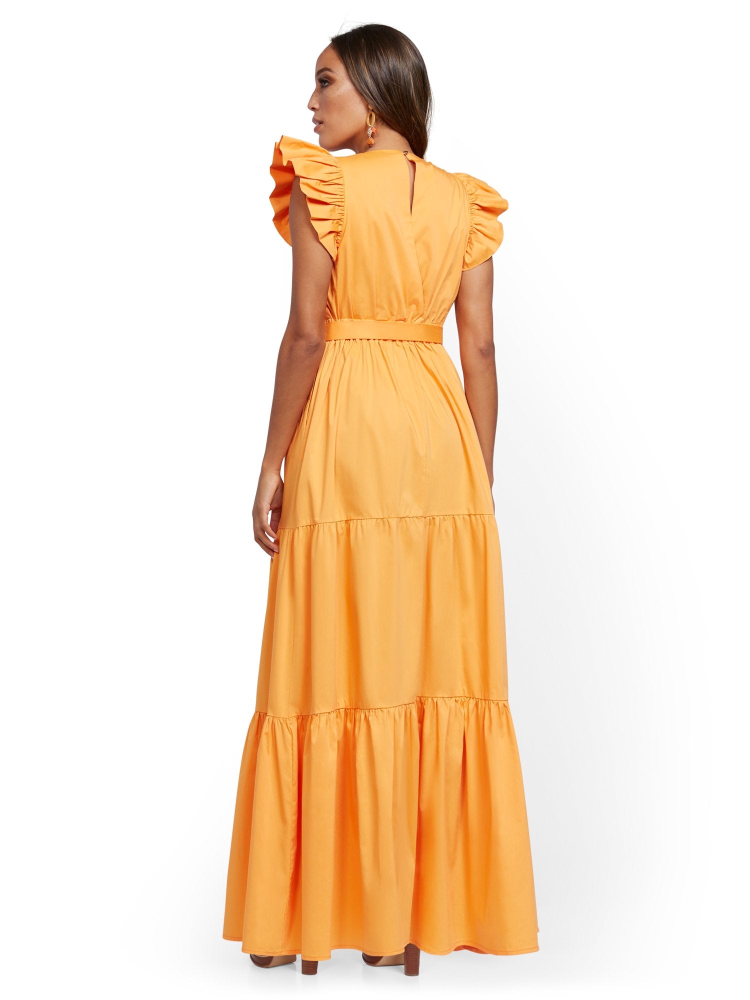 yellow and orange dress Orange Ruffle-Sleeve Poplin Maxi Dress – New York & Company