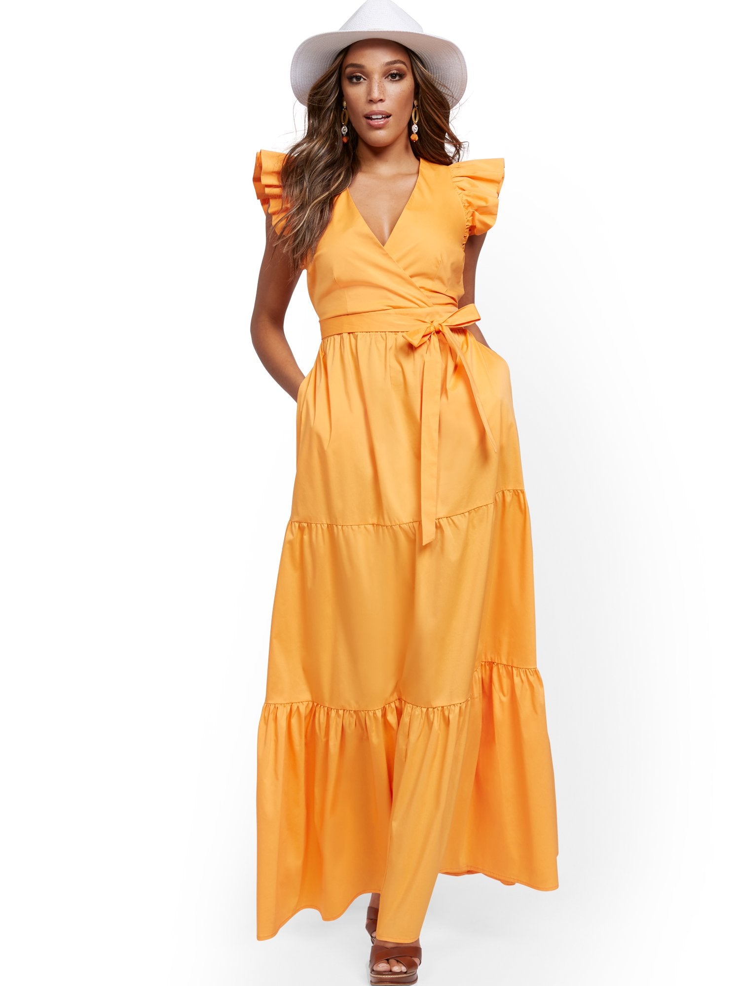 Orange Ruffle-Sleeve Poplin Maxi Dress New York & Company Orange Ruffle-Sleeve Poplin Maxi Dress New York & Company
