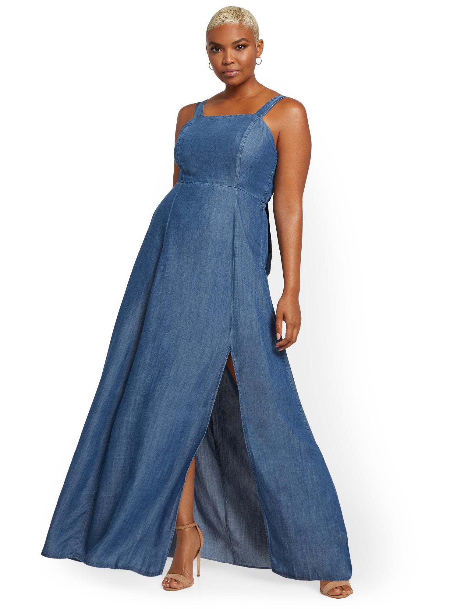 Denim Tie-Back Maxi Dress – New York & Company