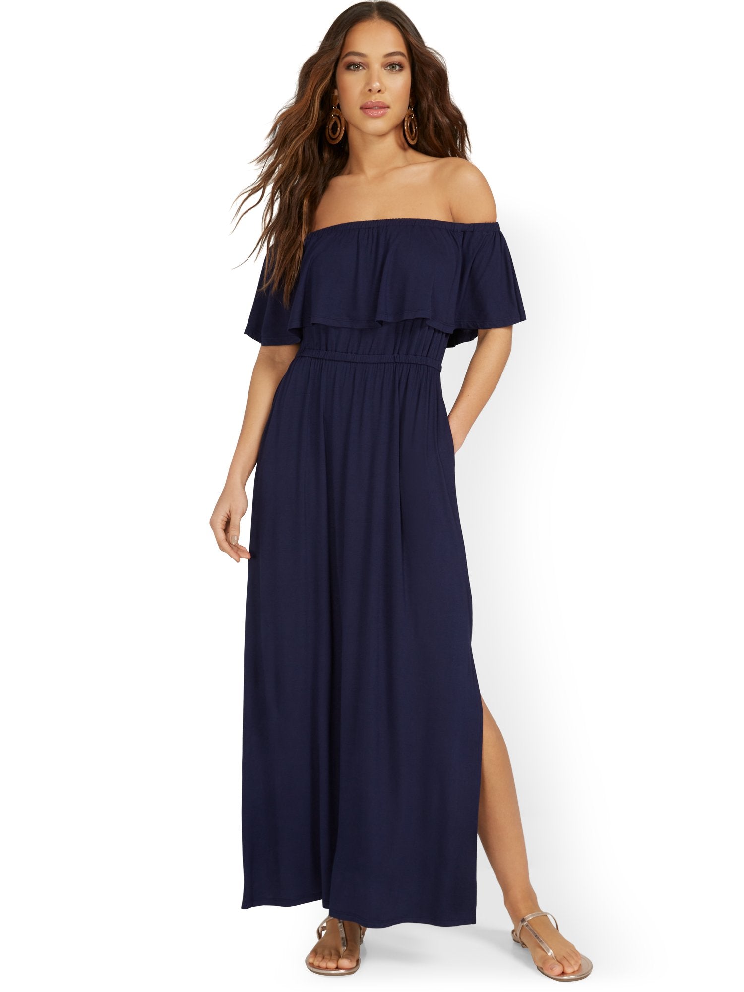 adelyn rae embroidered dress Women Solid Black Off-Shoulder Neck Crepe Thigh-High Slit Flared A-Line Maxi  Dress