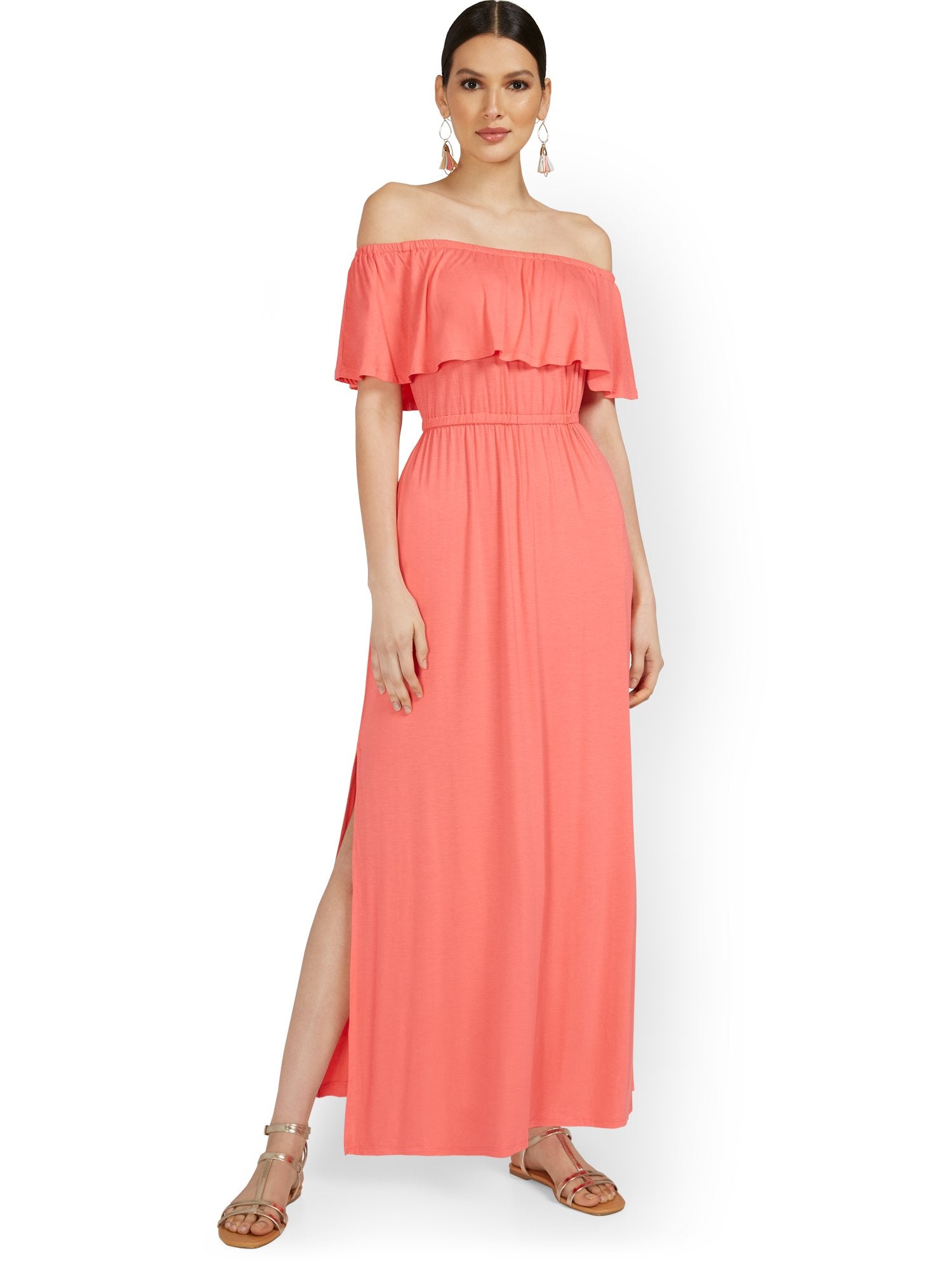 new york and company off the shoulder dress Off-The-Shoulder Ruffle Maxi Dress – New York & Company