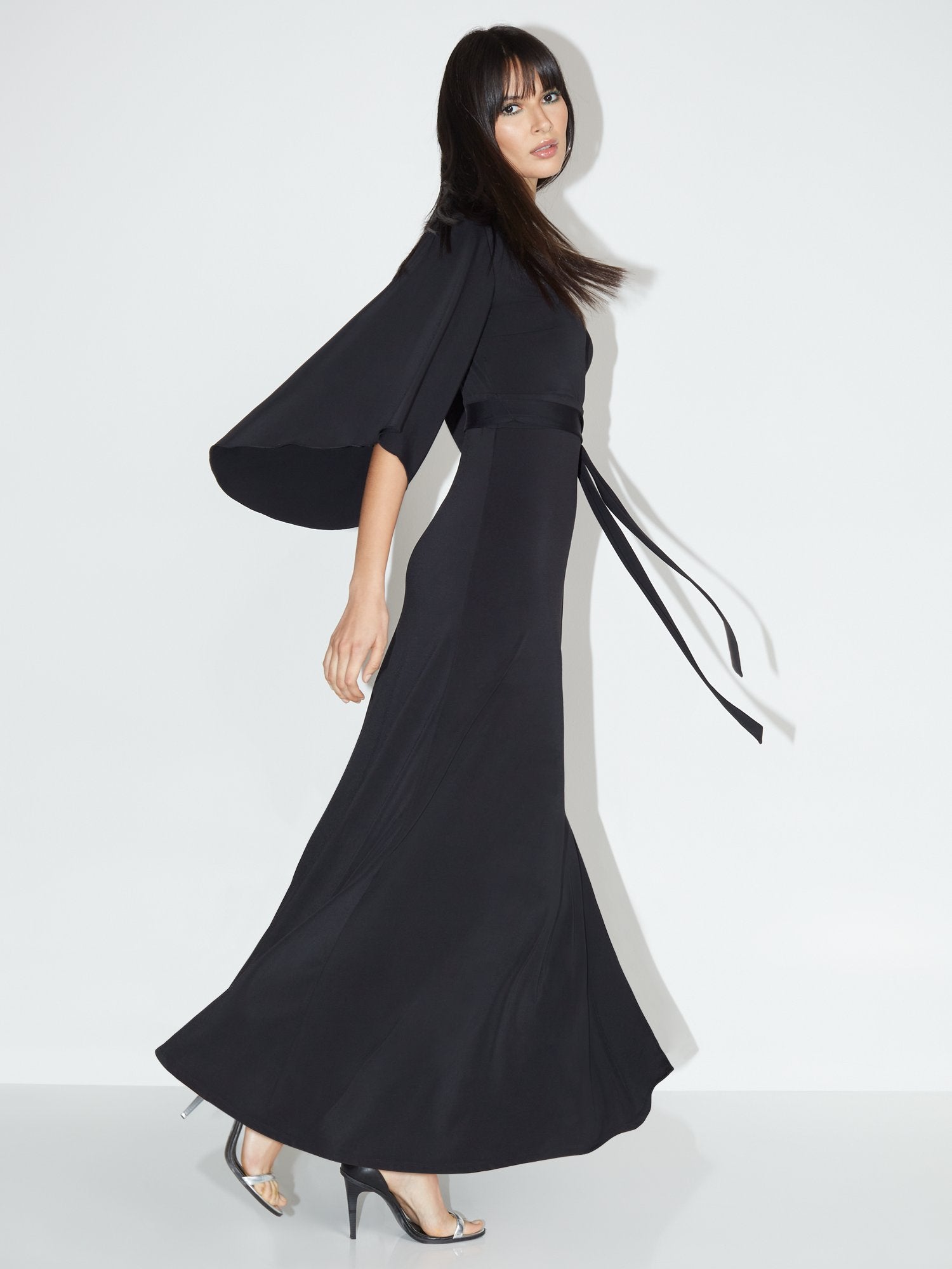 green emerald velvet dress Petite V-Neck Bell-Sleeve Kimono Maxi Dress