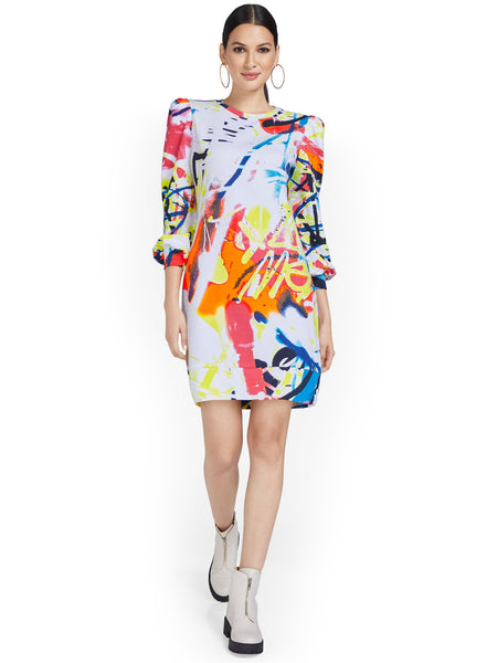 Graffiti-Print Puff-Sleeve Dress – New York & Company