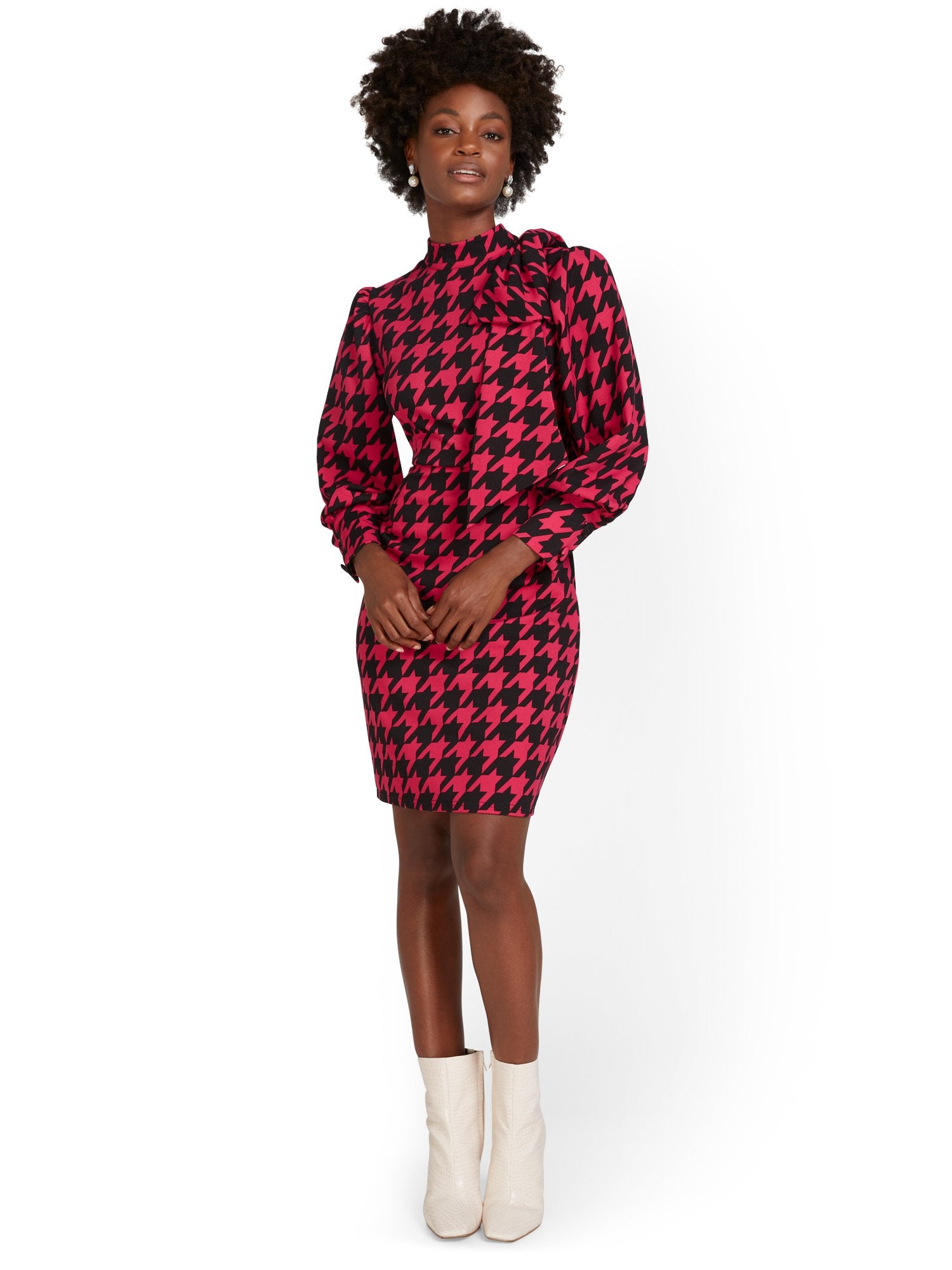 Pink Houndstooth Fitted Dress Pink Houndstooth Fitted Dress