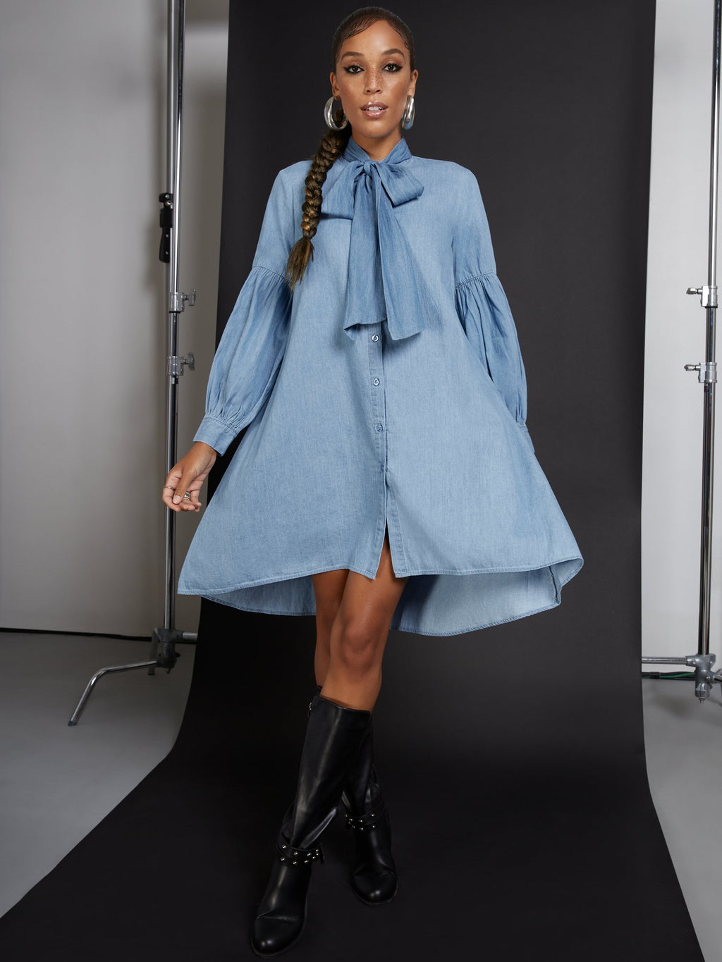 Bow-Detail Poplin Denim Dress New York & Company Bow-Detail Poplin Denim Dress New York & Company