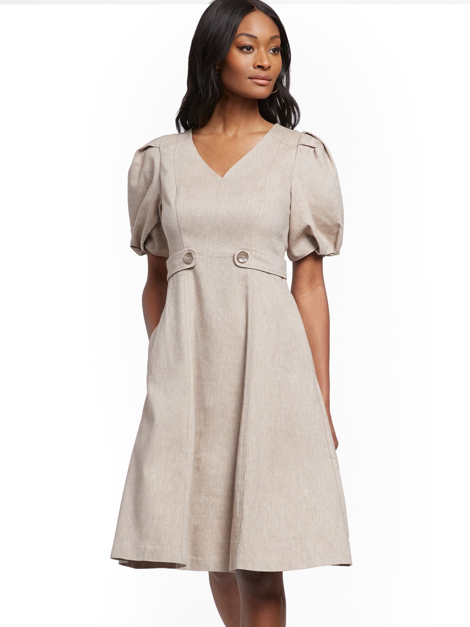 Puff-Sleeve Fit and Flare Dress – New York & Company