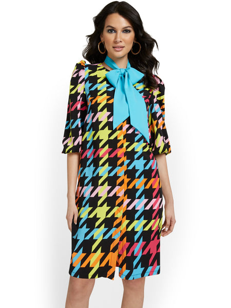 chinese dress ladies Houndstooth jacquard o-sleeve mini dress – Elzinga