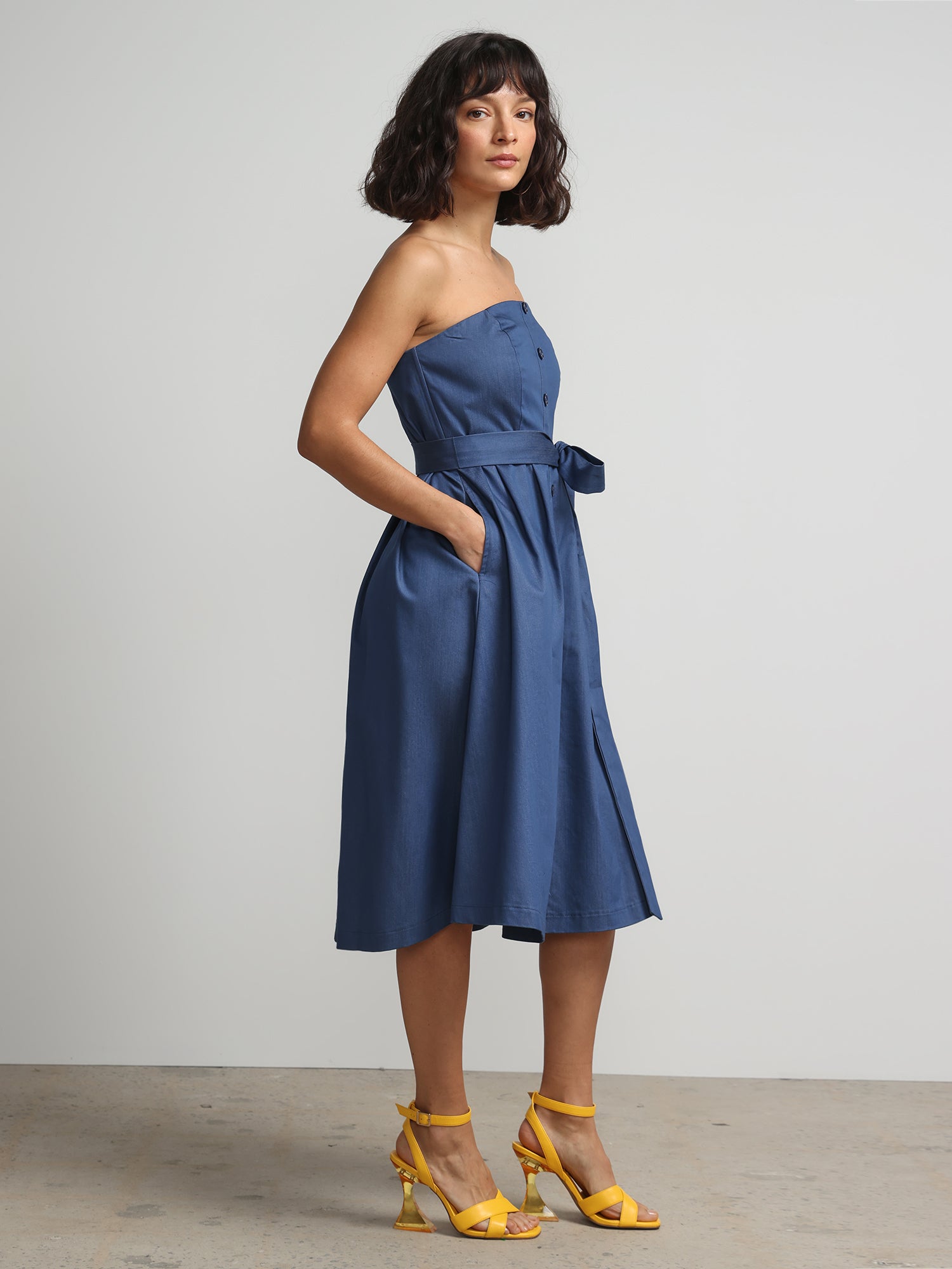 Strapless Belted Denim Flare Dress New York & Company Strapless Belted Denim Flare Dress New York & Company