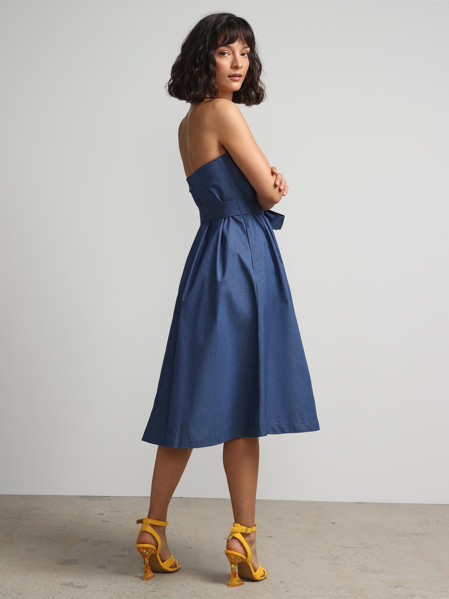 Strapless Belted Denim Flare Dress New York & Company Strapless Belted Denim Flare Dress New York & Company
