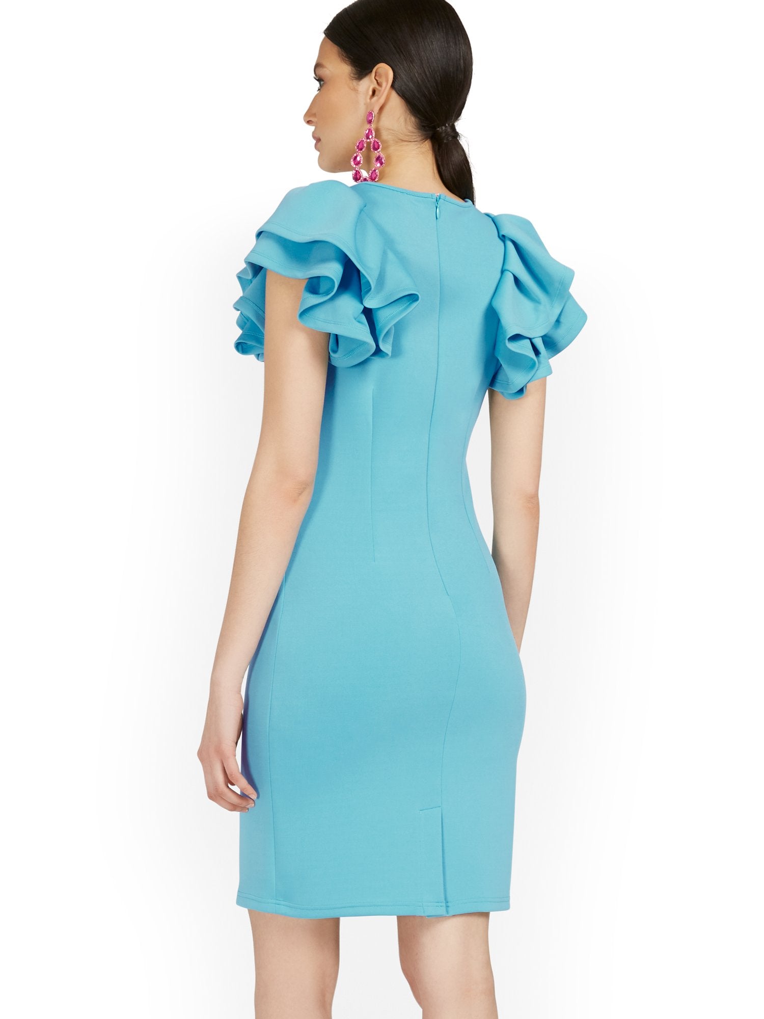 blue ruffle dress with sleeves Ruffle-Sleeve Sheath Dress – New York & Company