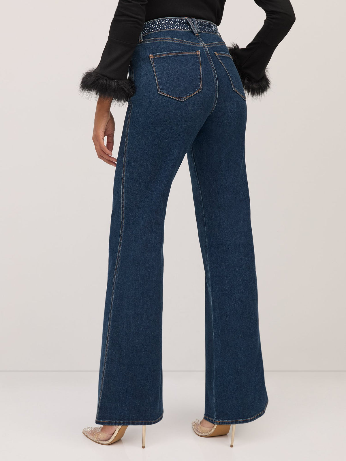 Ultra High-Waisted Rhinestone-Embellished Side-Stripe Wide-Leg 