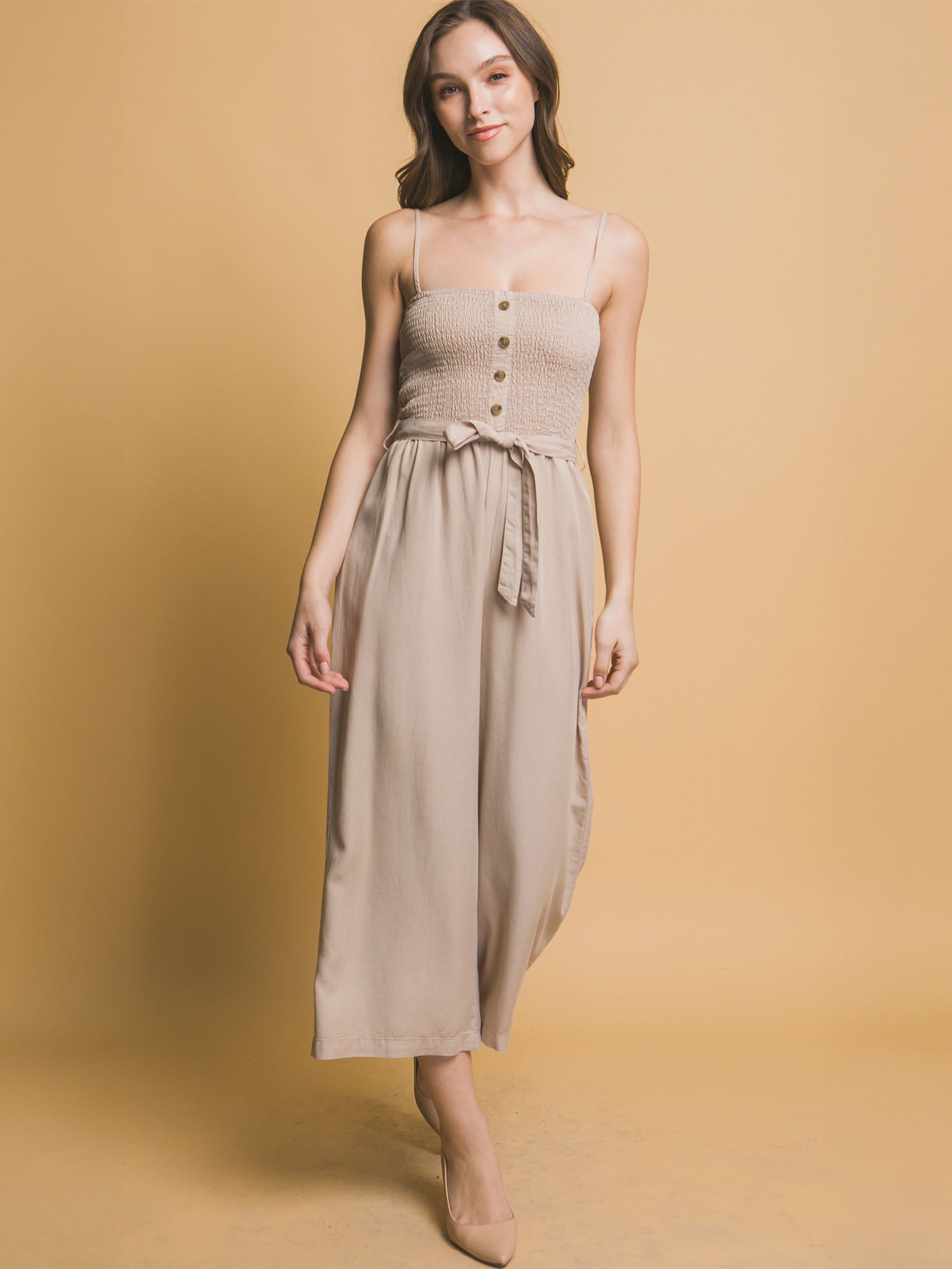Sleeveless Smocked Wide Leg Cropped Tencel Jumpsuit – New York