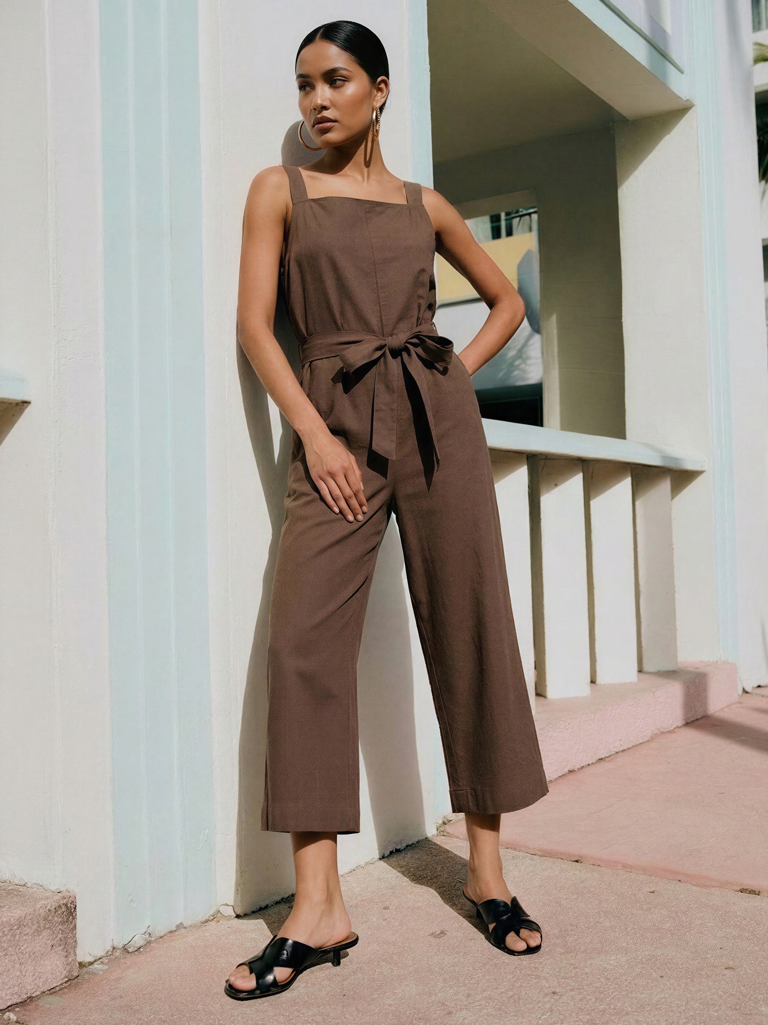 Sleeveless Square Neck Linen Blend Jumpsuit – New York & Company
