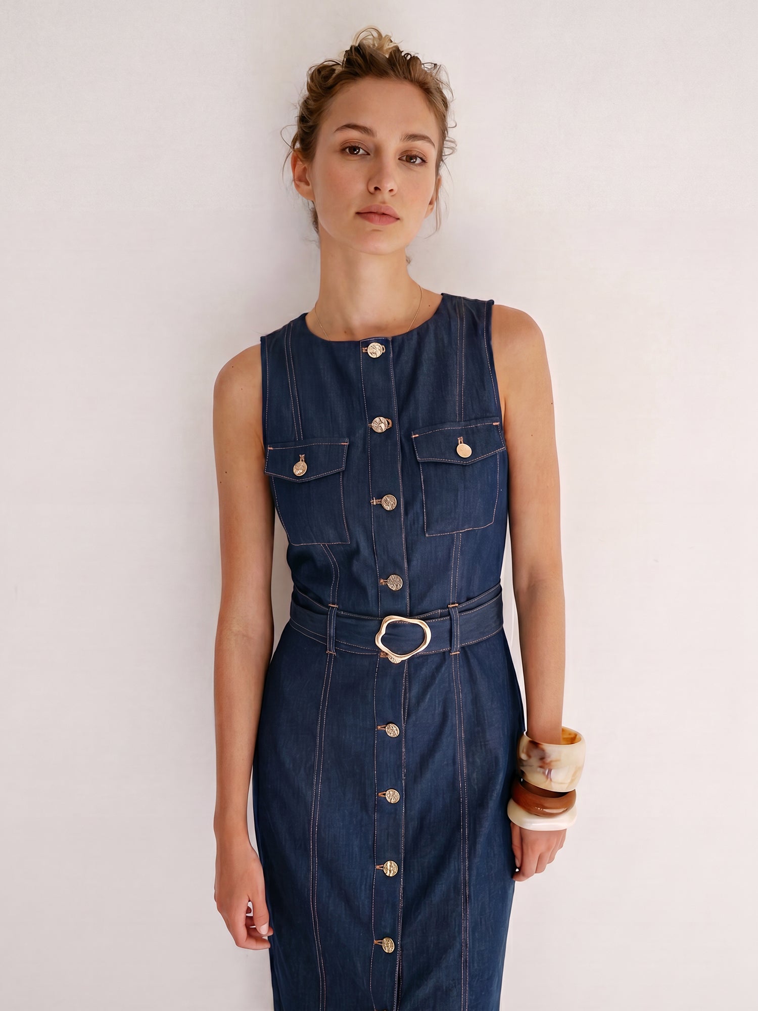 Sleeveless Button-Down Stretch Sheath Midi Dress - MEDIUM / BLUE