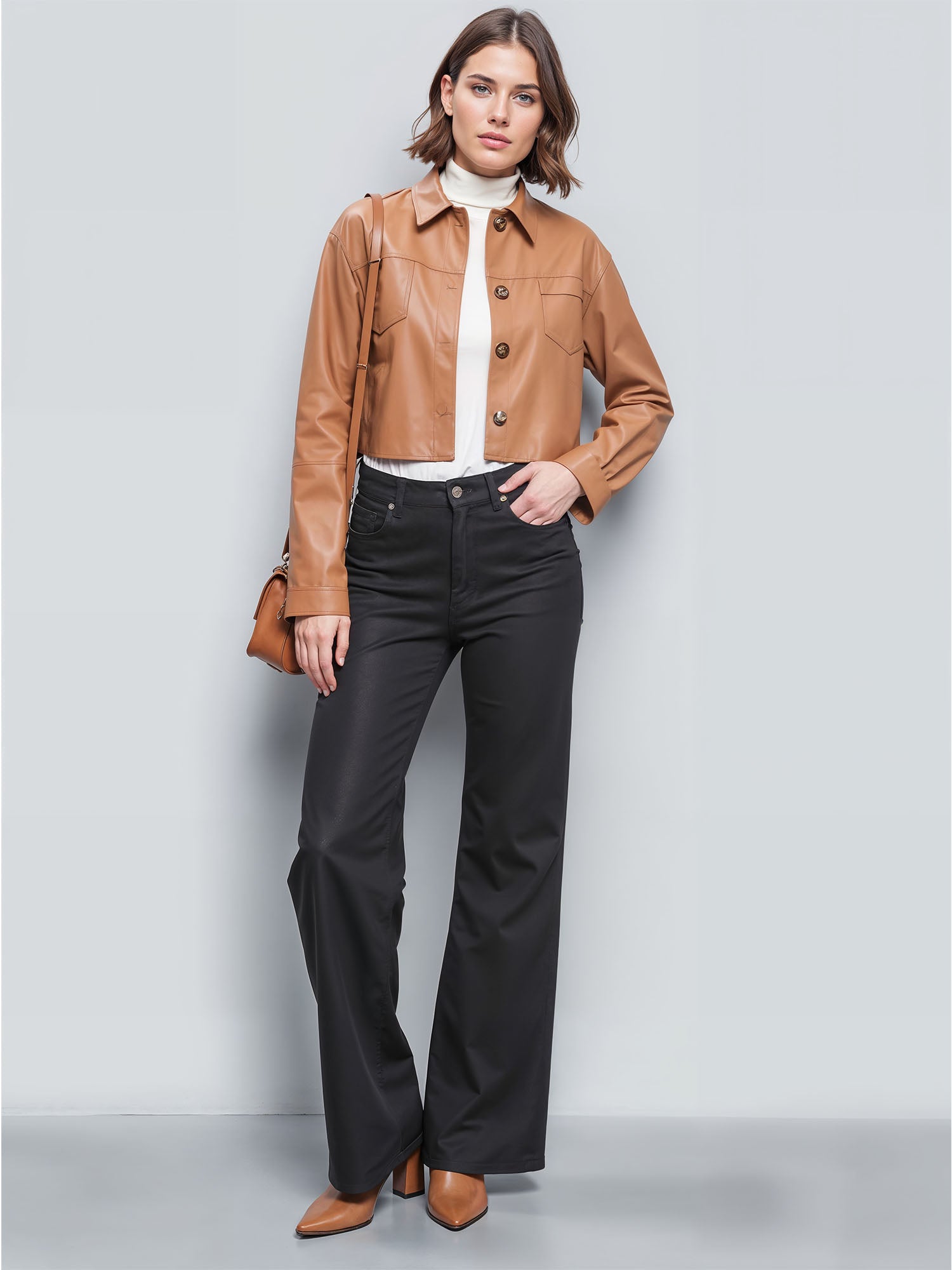 Cropped Vegan Leather Utility Shacket
