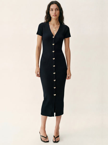 Short Sleeve Rib Sweater Bodycon Midi Dress - SMALL / Black