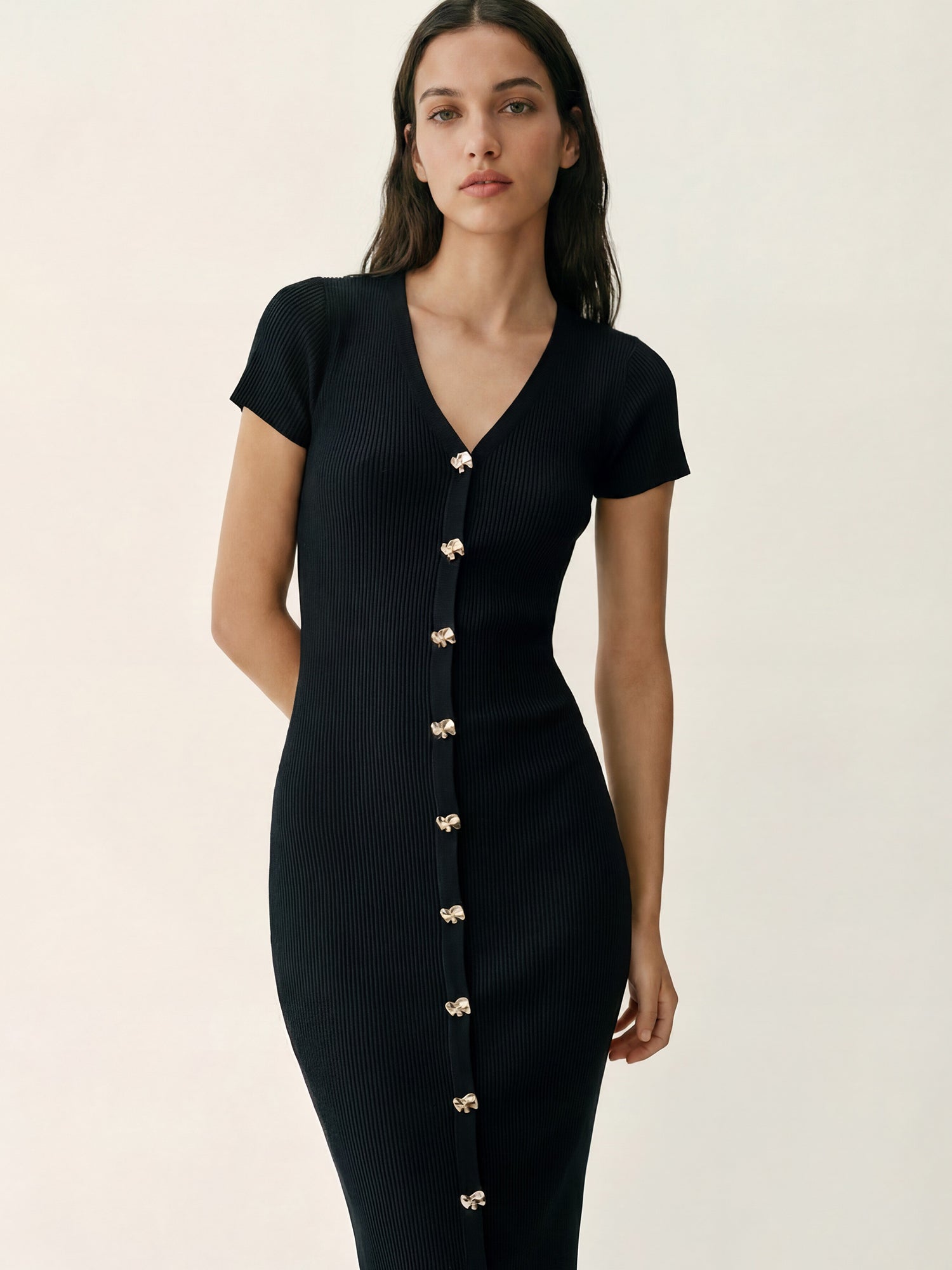 Short Sleeve Rib Sweater Bodycon Midi Dress - SMALL / Black