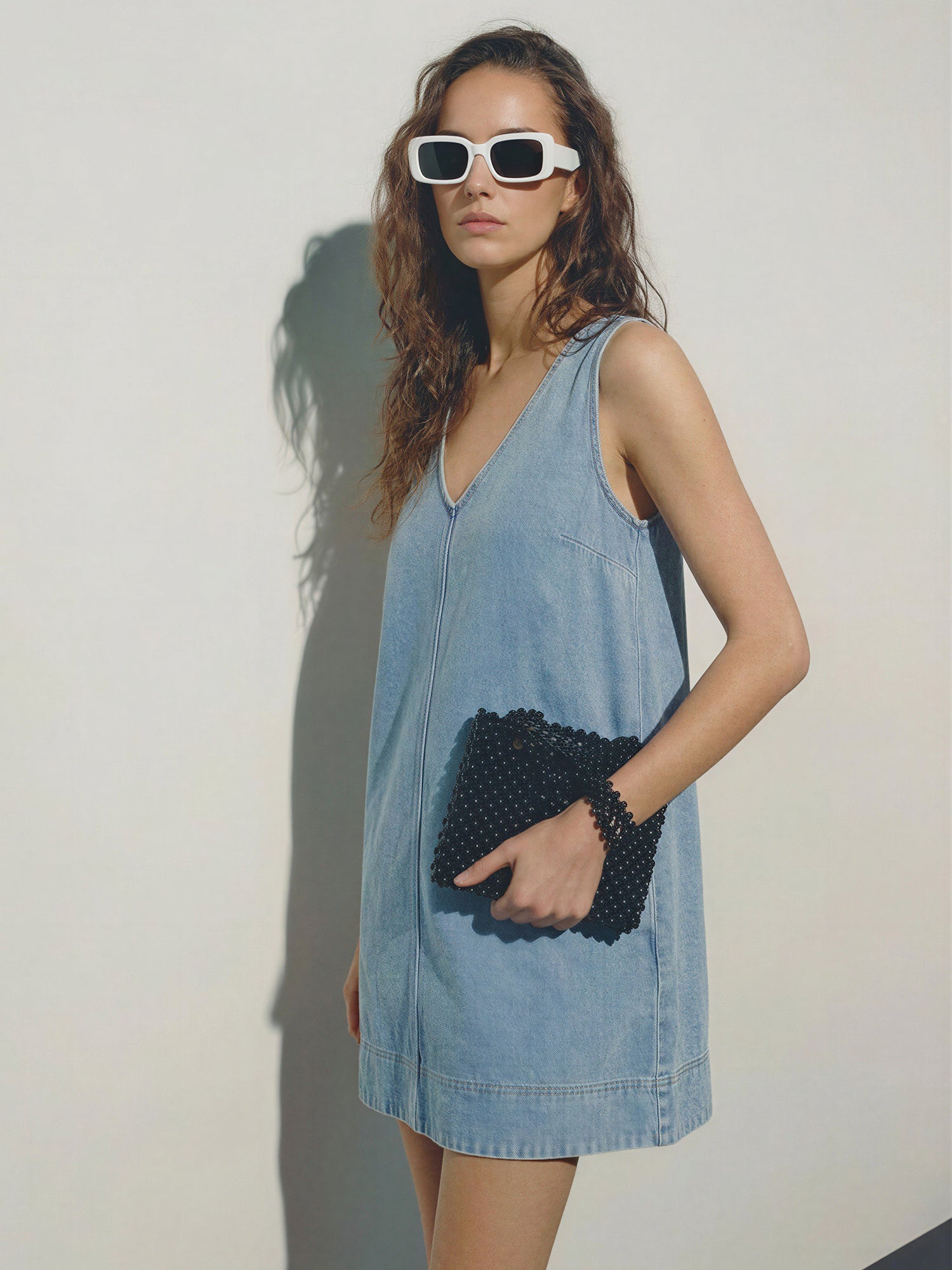 denim shift dress Sleeveless V Neck Denim Shift Dress - MEDIUM / BLUE