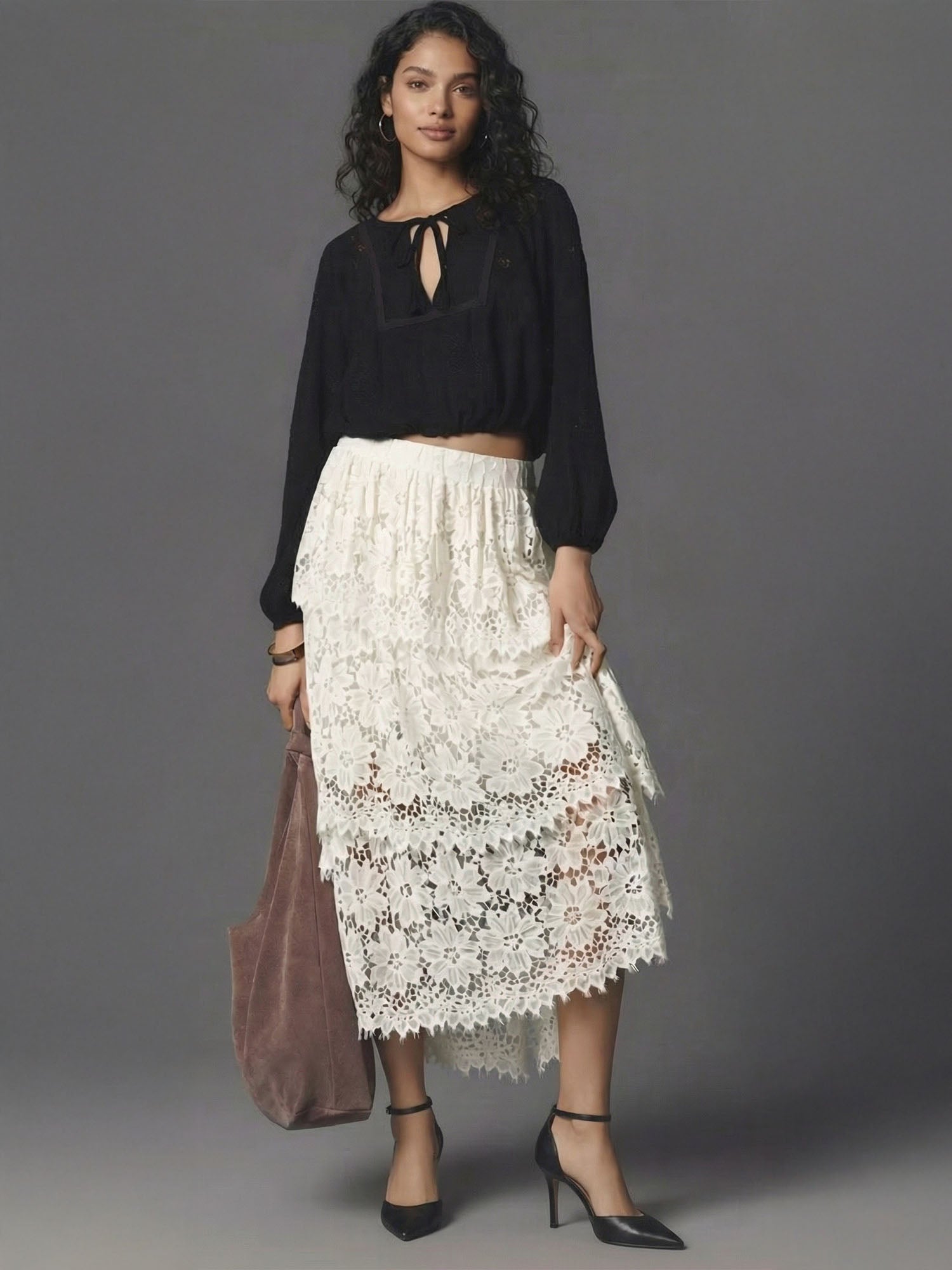 Maxi Skirt Lace Top Pleated Skirt Dress Lace Crop Top And Pleated Skirt  Two-Piece Dress