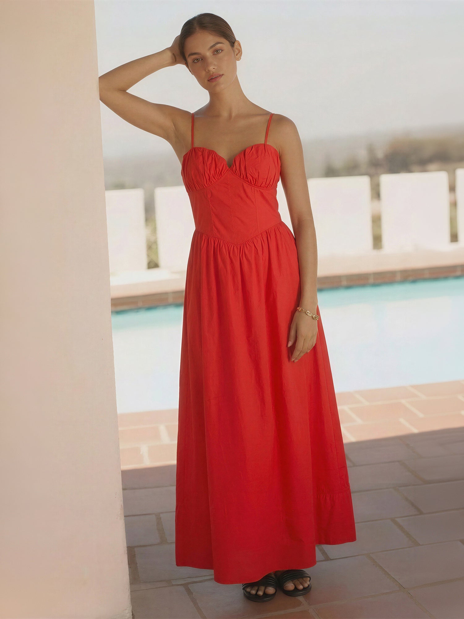 Ruffled Edge Spaghetti Strap A-Line Cotton Maxi Dress - XSMALL / RED
