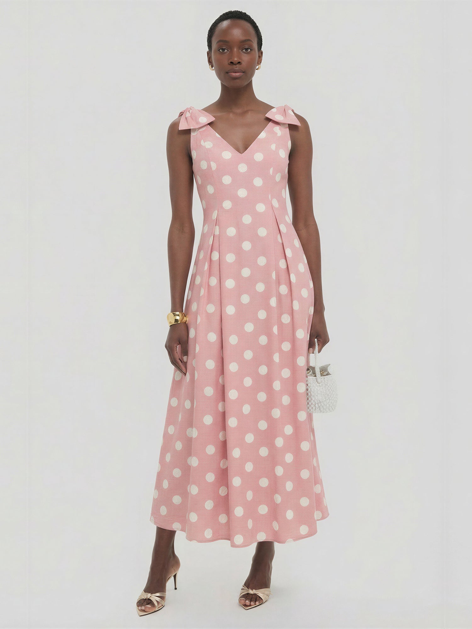 Polka Dot V-Neck Bow Shoulder A-Line Linen Blend Maxi Dress - SMALL / PURPLE