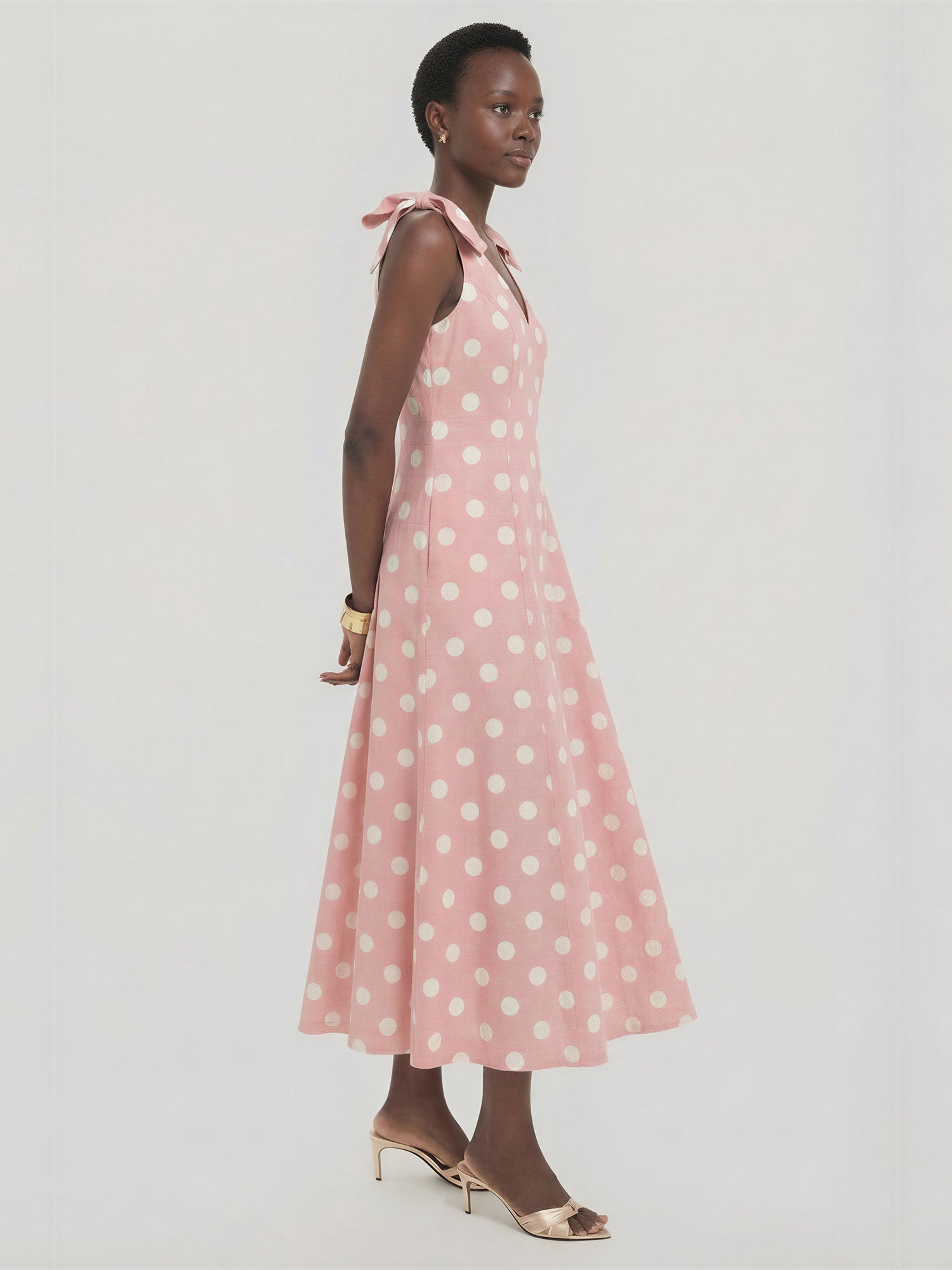 Polka Dot V-Neck Bow Shoulder A-Line Linen Blend Maxi Dress – New