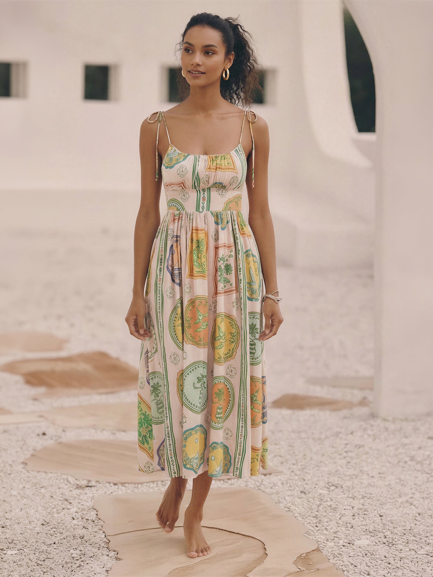 Sleeveless Tie Strap Printed Maxi A Line Dress - SMALL / PINK