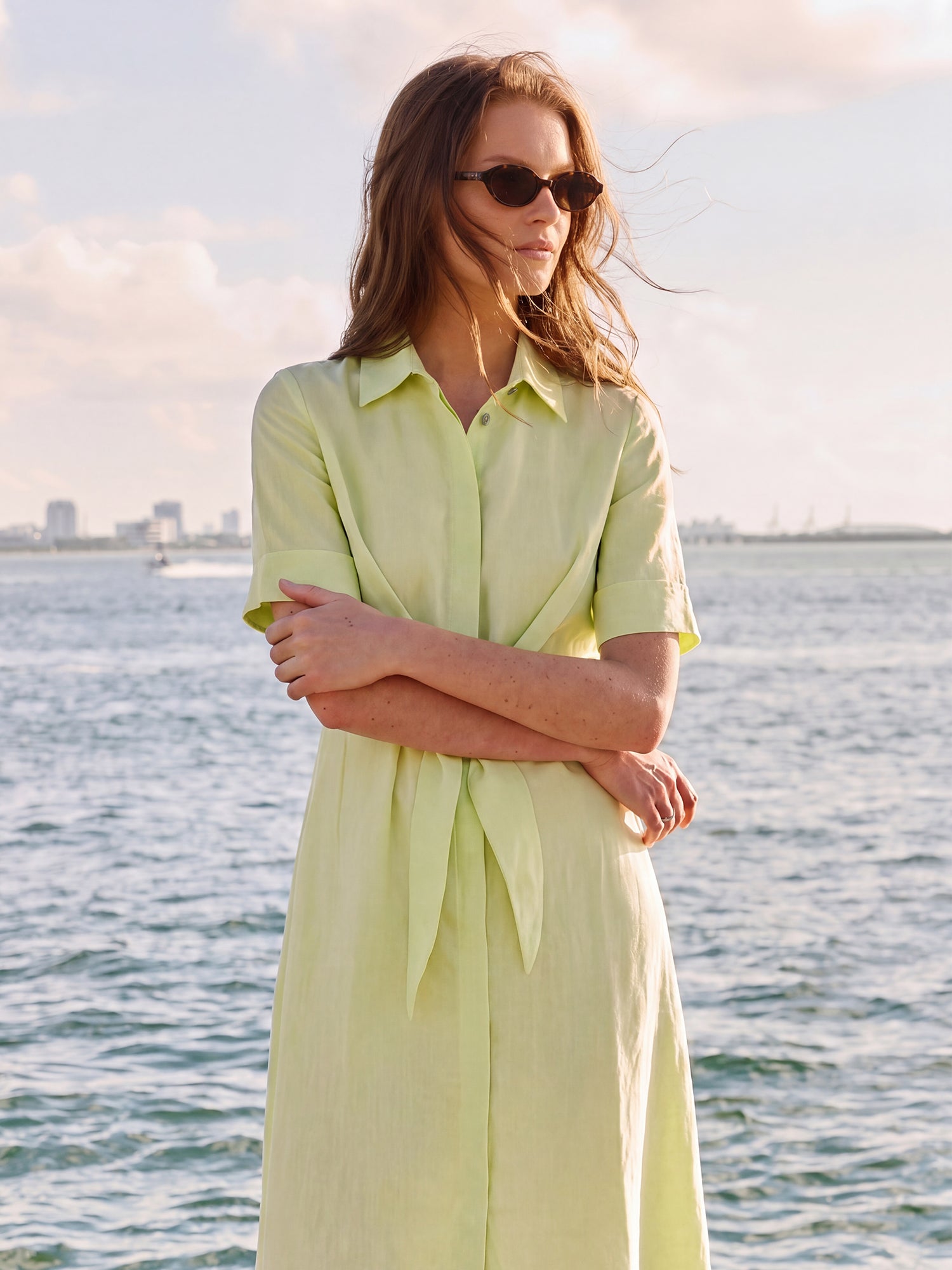 Short Sleeve Linen Midi Shirtdress - SMALL / GREEN