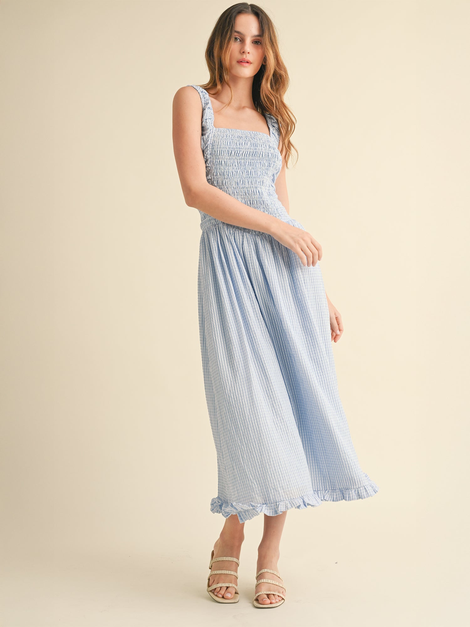 Reina Smocked Ruffle Fit & Flare Midi Dress – New York & Company