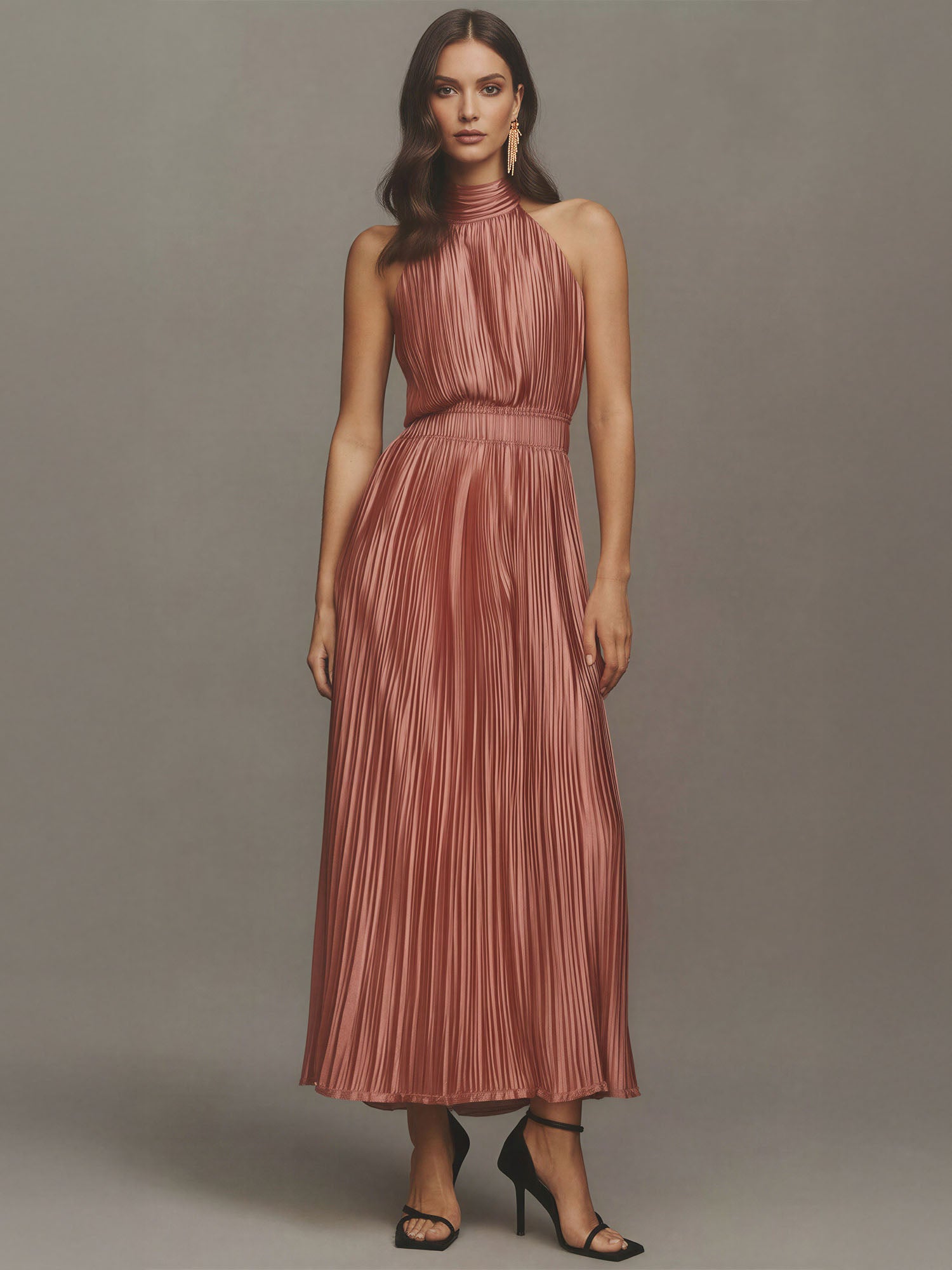 Pleated Halter Midi Dress - SMALL / PURPLE - GENTLE MAUVE Pleated Halter Midi Dress - SMALL / PURPLE - GENTLE MAUVE