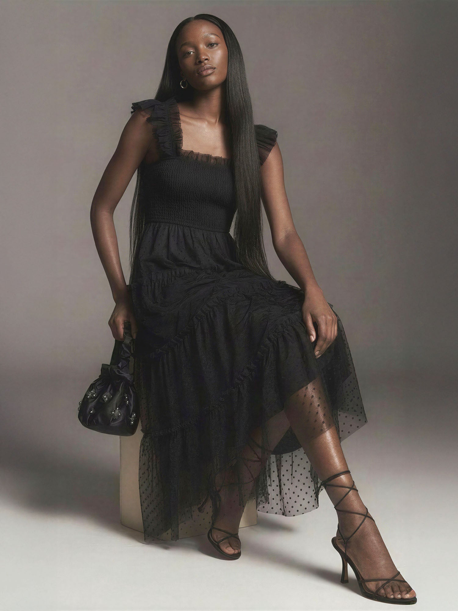 Dot Tulle Fit And Flare Nap Midi Dress - SMALL / Black