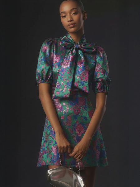 Short Puff Sleeve Jacquard Bow Mini Dress - SMALL / GREEN - GREEN MULTI