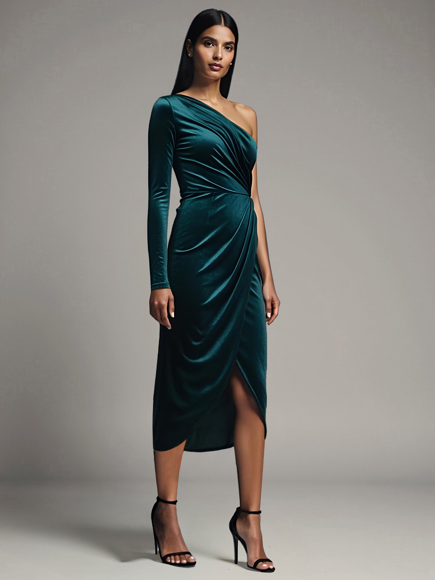 Long Sleeve One-Shoulder Velvet Midi Dress – New York & Company