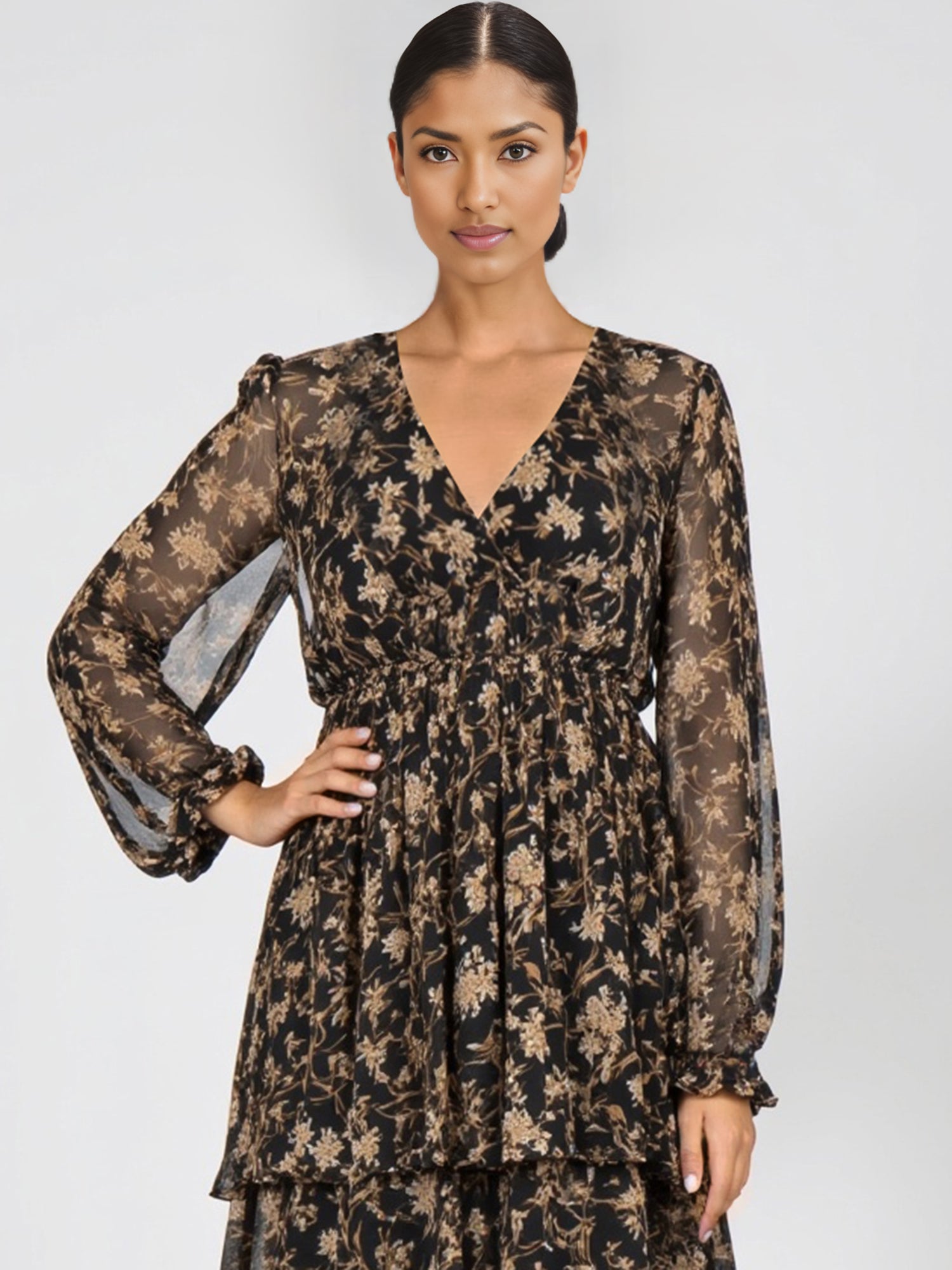 Long Sleeve Printed Ruffle Back Woven Maxi Dress – New York & Company Long Sleeve Printed Ruffle Back Woven Maxi Dress – New York & Company