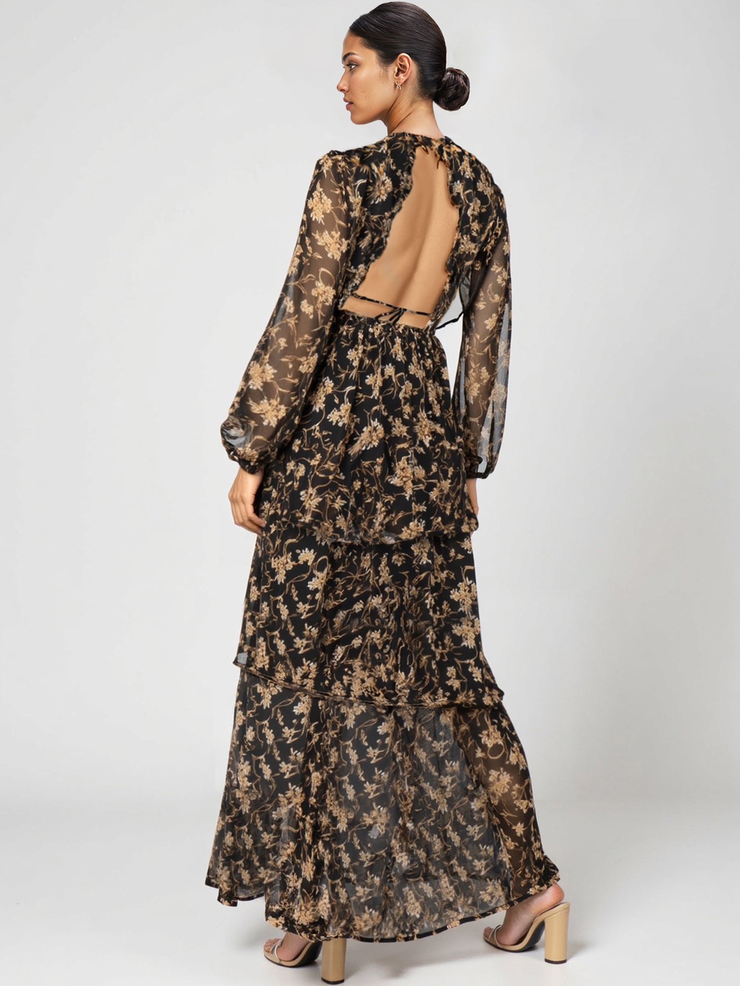 Long Sleeve Printed Ruffle Back Woven Maxi Dress New York & Company Long Sleeve Printed Ruffle Back Woven Maxi Dress New York & Company