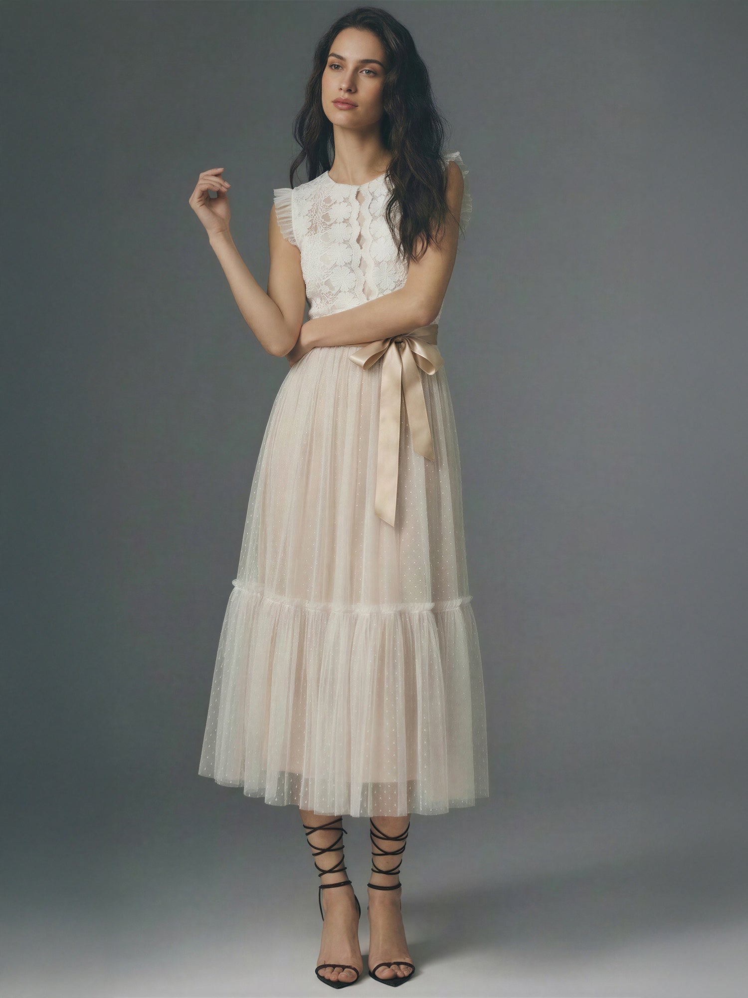 未開封】NOTRE émor ruffle tulle dress beige Ruffled Mesh Long Tie
