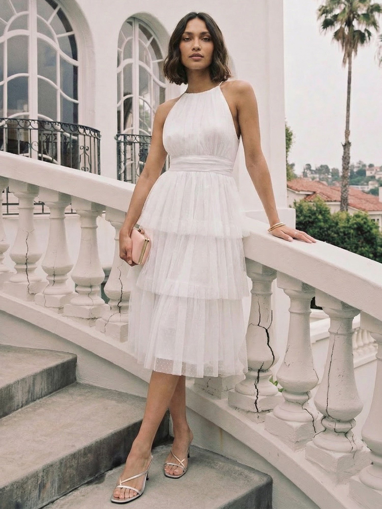 tulle tiered dress Sleeveless Halter Neck Tulle Tiered Midi Dress - SMALL / NATURAL