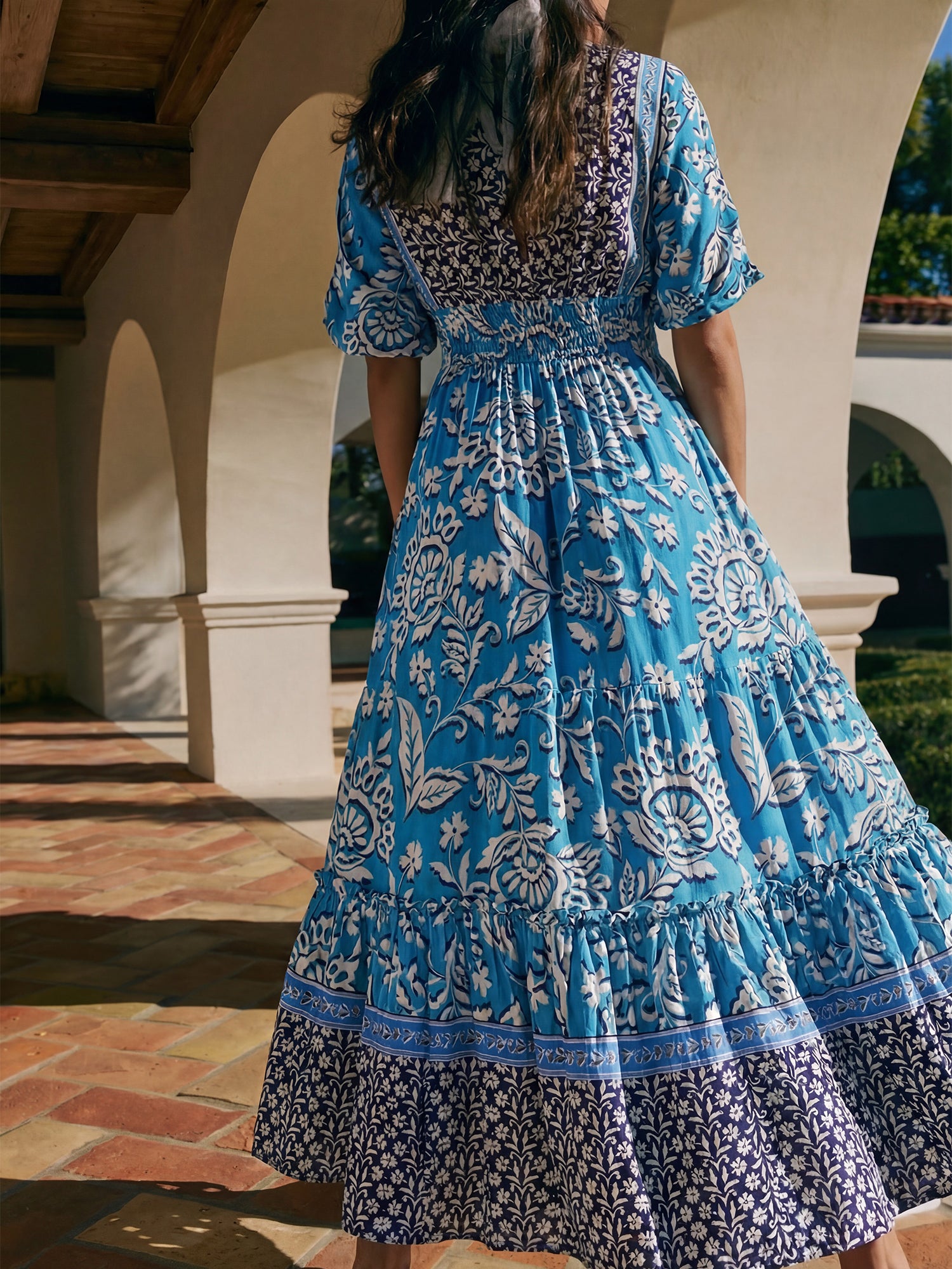 short sleeve maxi dress for women Flutter - Ava & Viv neckline Flattering cinched waist Intricate shell eyelet Length hits at ankle Pull on styling Lined Imported Short Sleeve Border Print Maxi