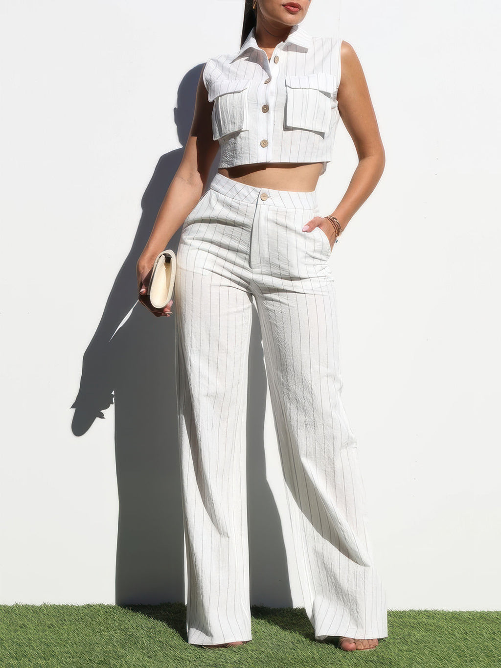 Striped 2 Pocket Button Down Top