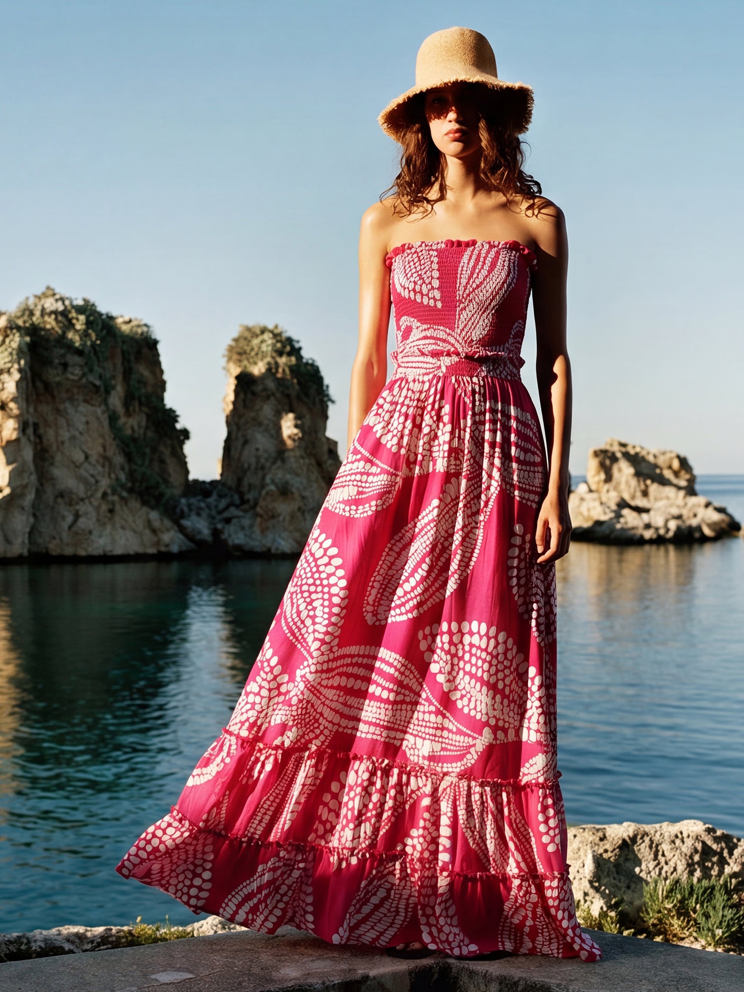 Halterneck Smocked Tropical Floral Maxi Sun Dress - SMALL / PINK
