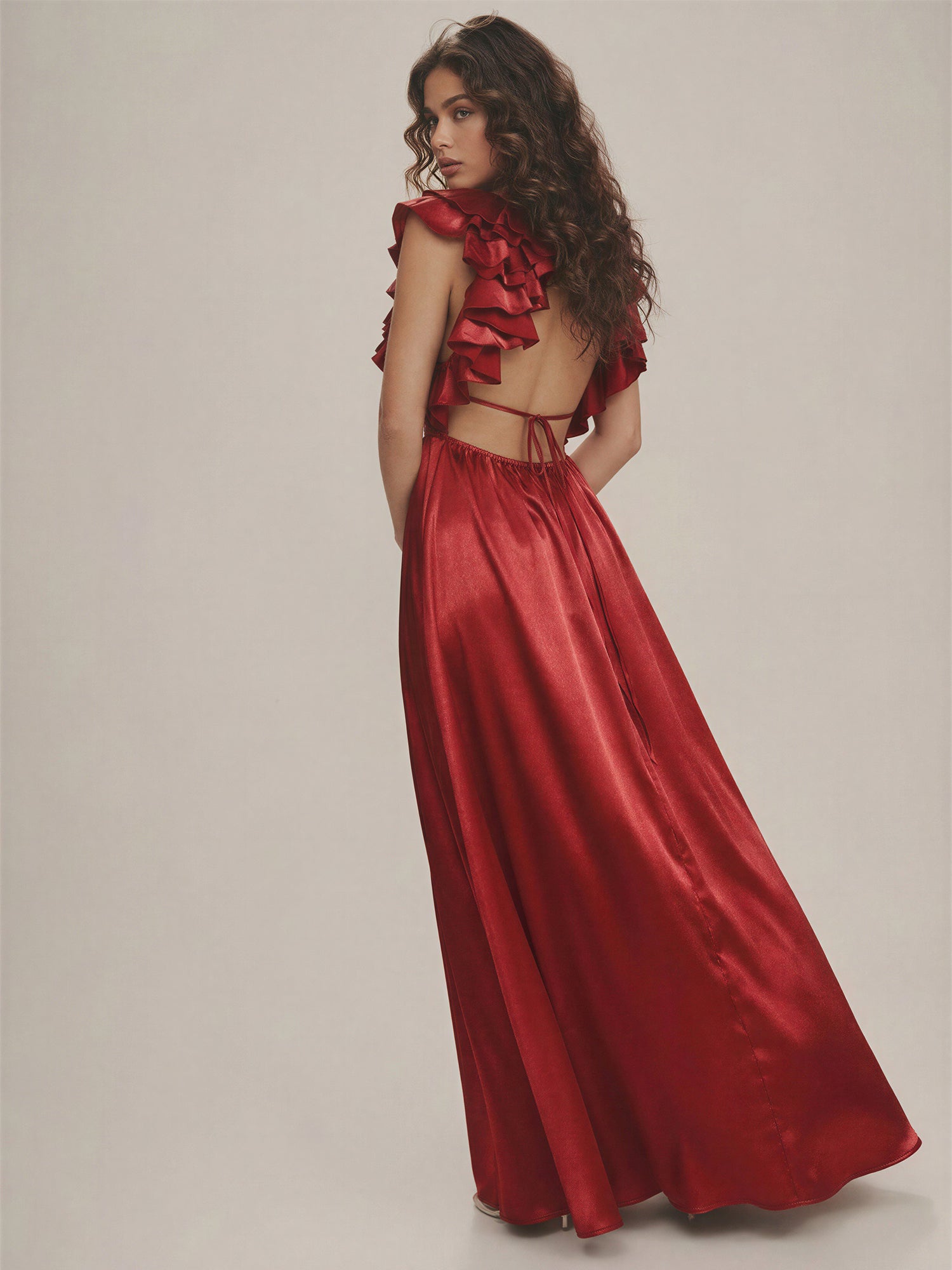 Ruffled Top Satin Maxi Dress - LARGE / PURPLE