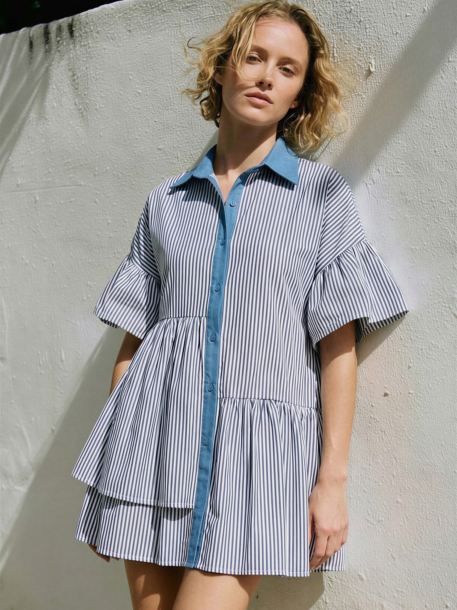 Striped Contrast Collar Cotton Blend Mini Shirt Dress - SMALL / Black