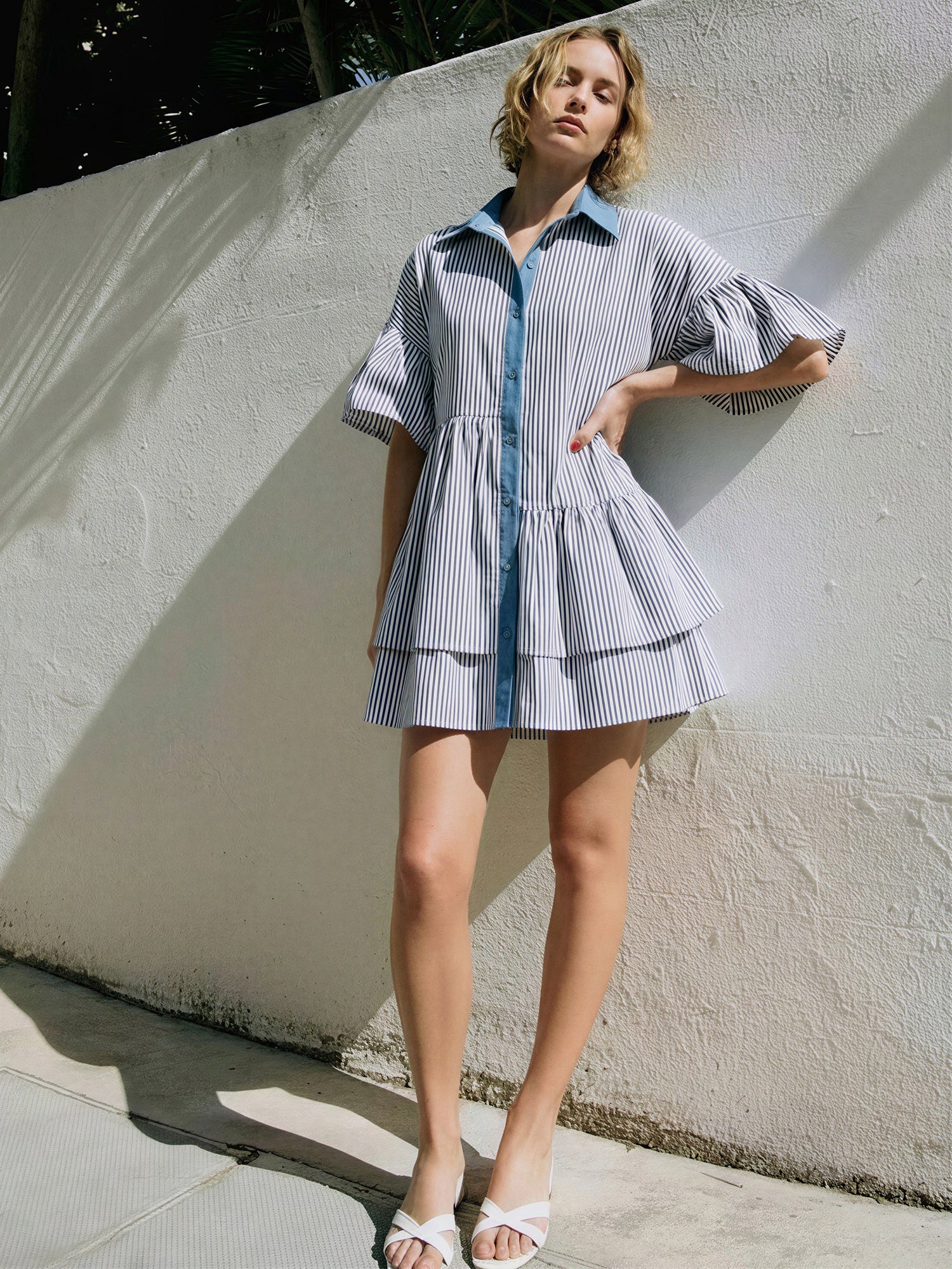 cotton mini shirt dress Avec Les Filles Button Front Dress - Blue Stripe