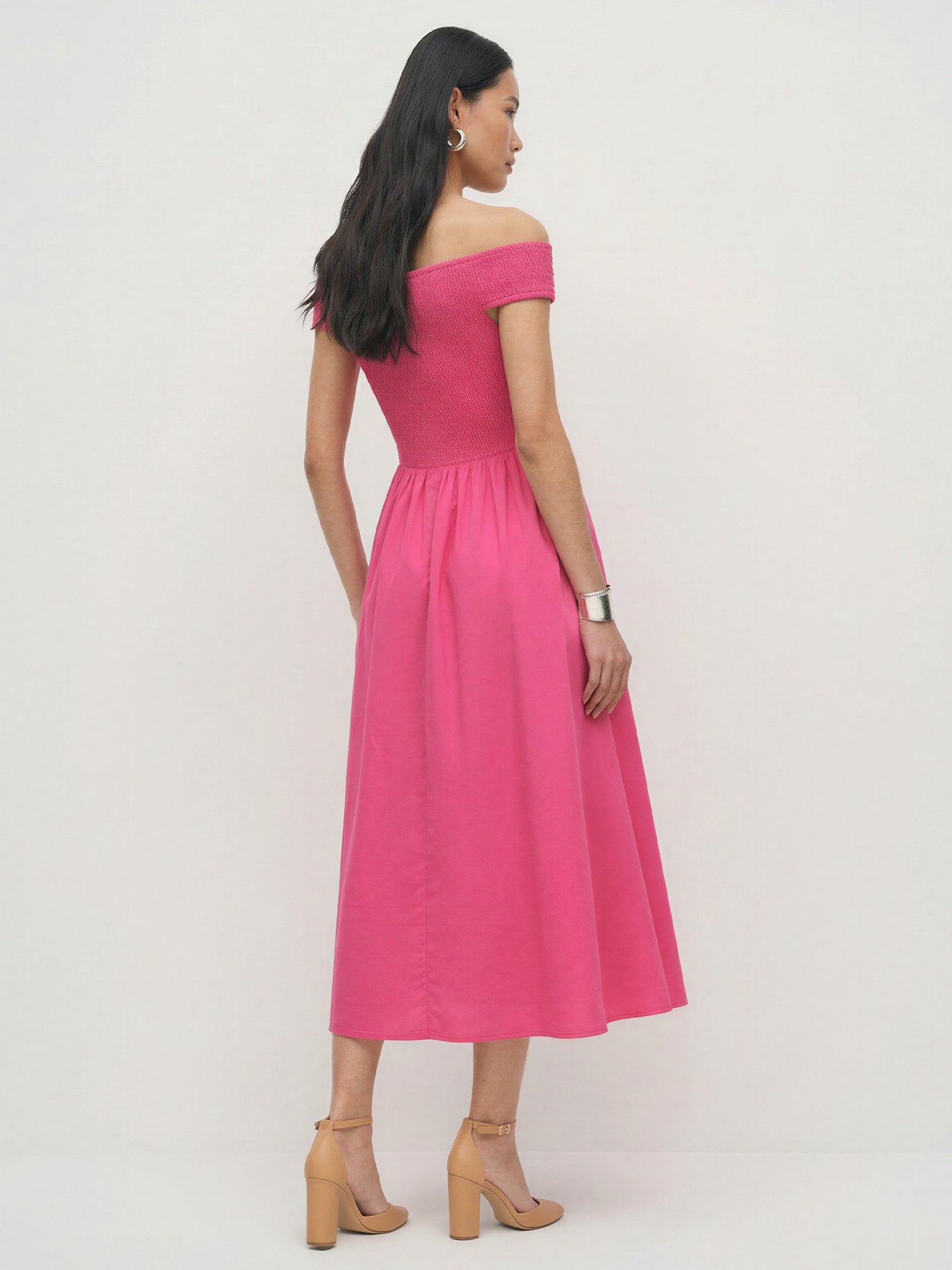 Off The Shoulder Smocked Cotton Midi Dress - SMALL / PINK - FUCHSIA PINK Off The Shoulder Smocked Cotton Midi Dress - SMALL / PINK - FUCHSIA PINK