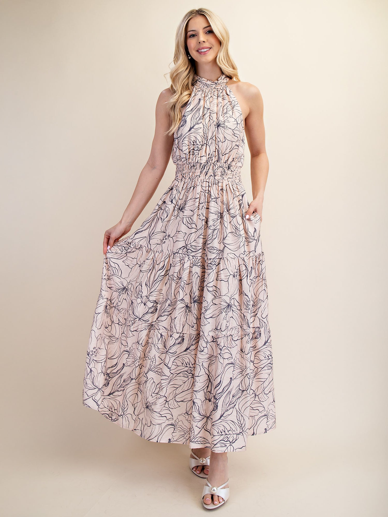 Halterneck Abstract Floral Tiered Fit & Flare Maxi Dress – New