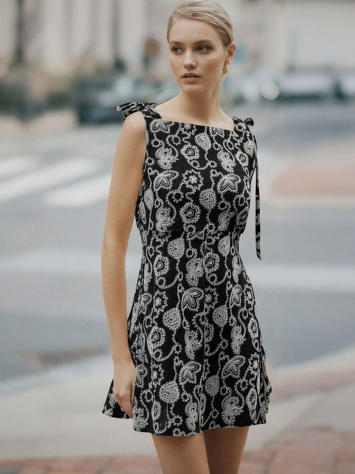 simone mini dress Simone Sleeveless Bow Shoulder Embrodiered Mini Dress - SMALL / BLACK