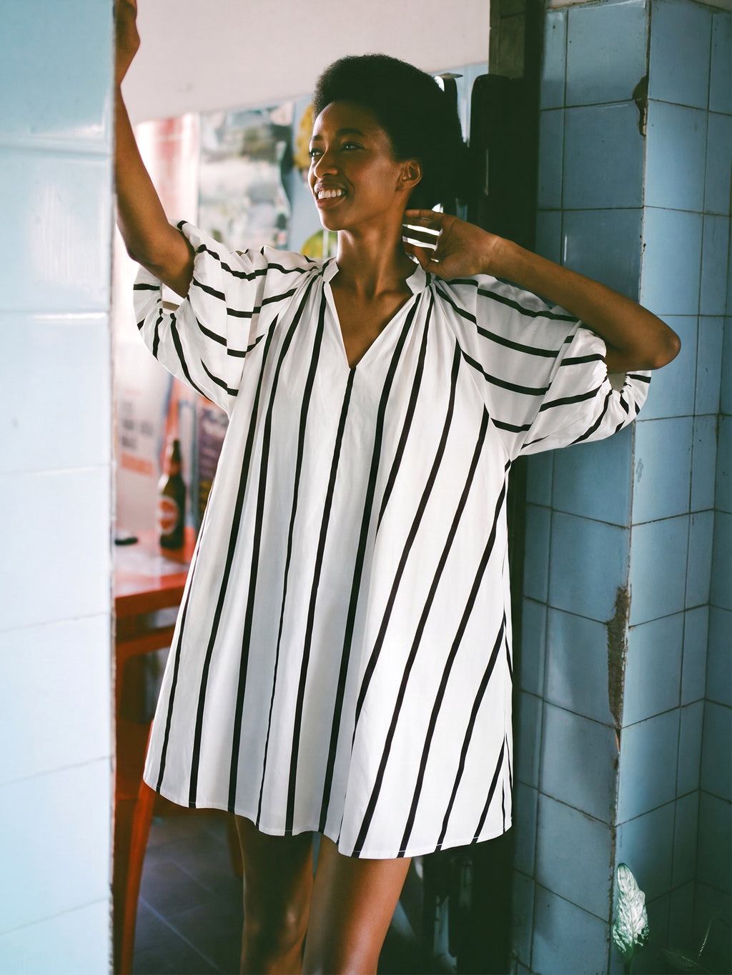 Short Sleeve V-Neck Stripe A-Line Dress - SMALL / Black